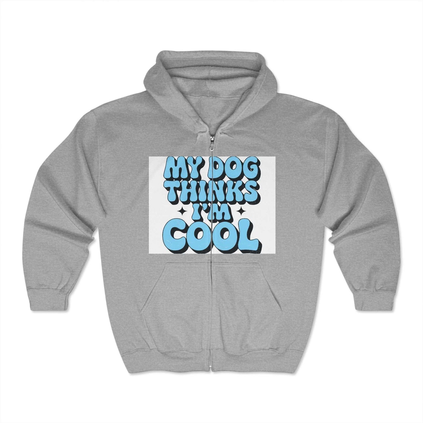 Unisex Heavy Blend™ Full Zip Hooded Sweatshirt with "My Dog Thinks I'm Cool" graphic, gray color.