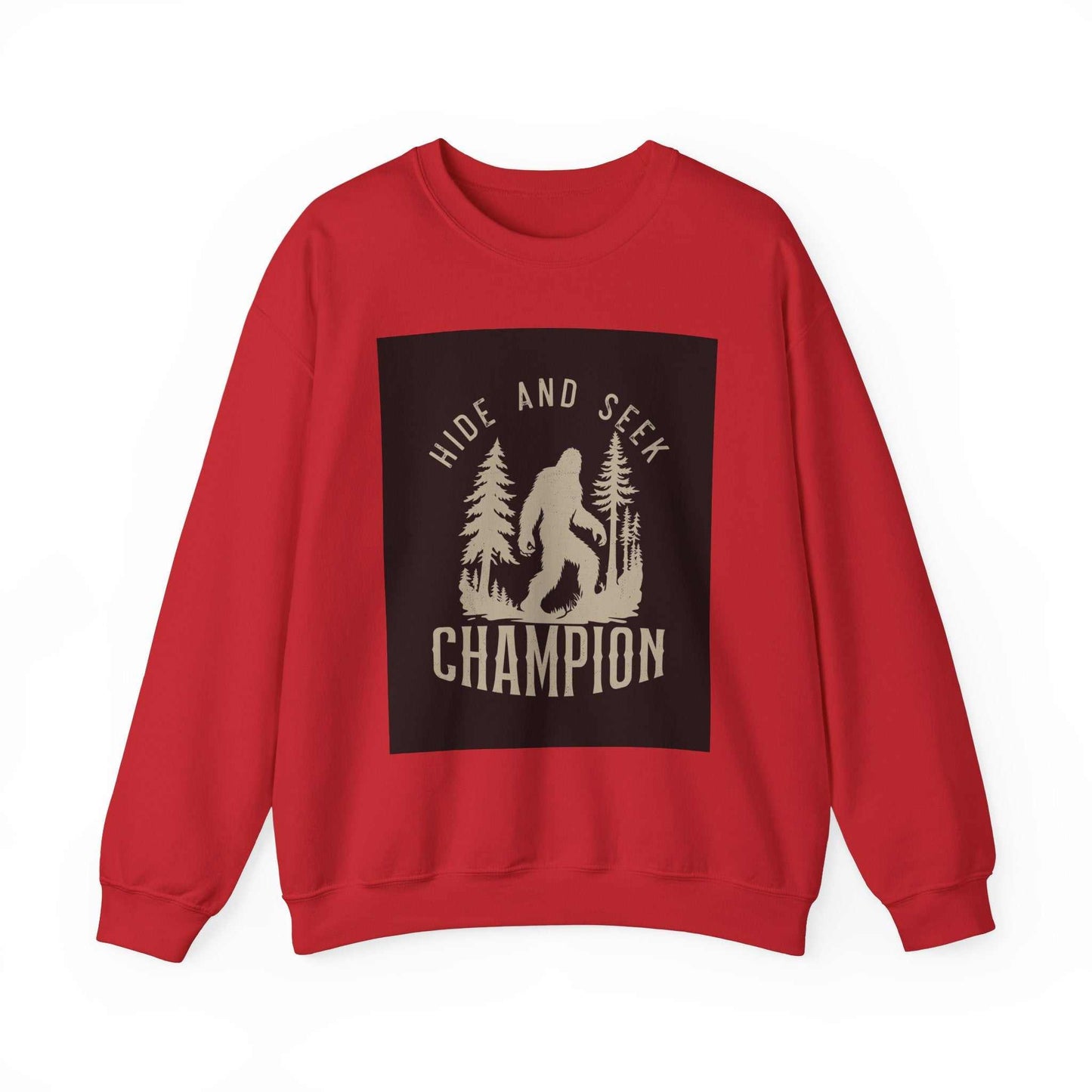 Unisex Heavy Blend™ Crewneck Sweatshirt in red with "Hide and Seek Champion" print, made from durable polyester and cotton blend.