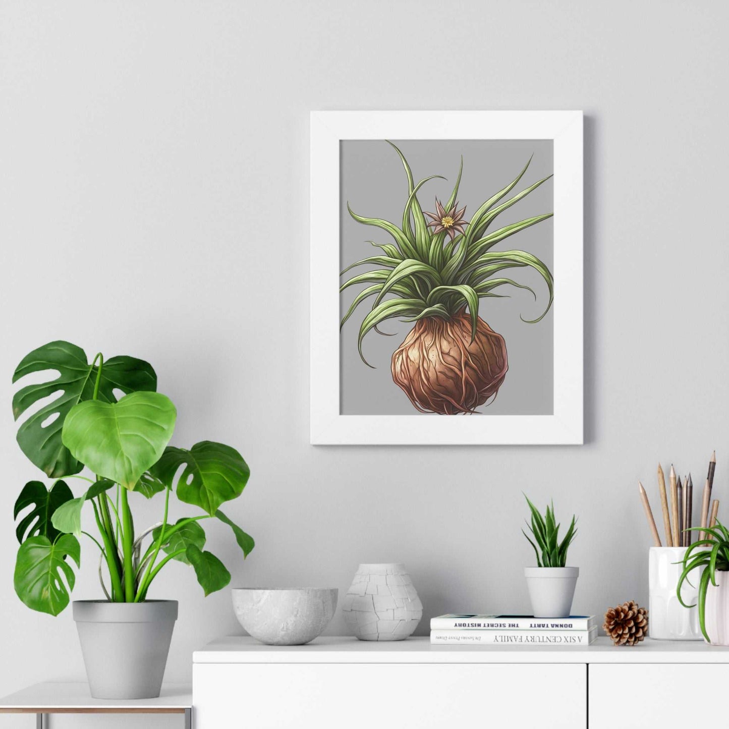 Framed vertical poster with plant design on matte museum-quality paper in white frame, displayed in modern setting.