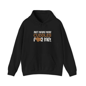 Unisex black hoodie with "Just means more cuddles for me" text and cute bear graphic, made from a cozy cotton-polyester blend.