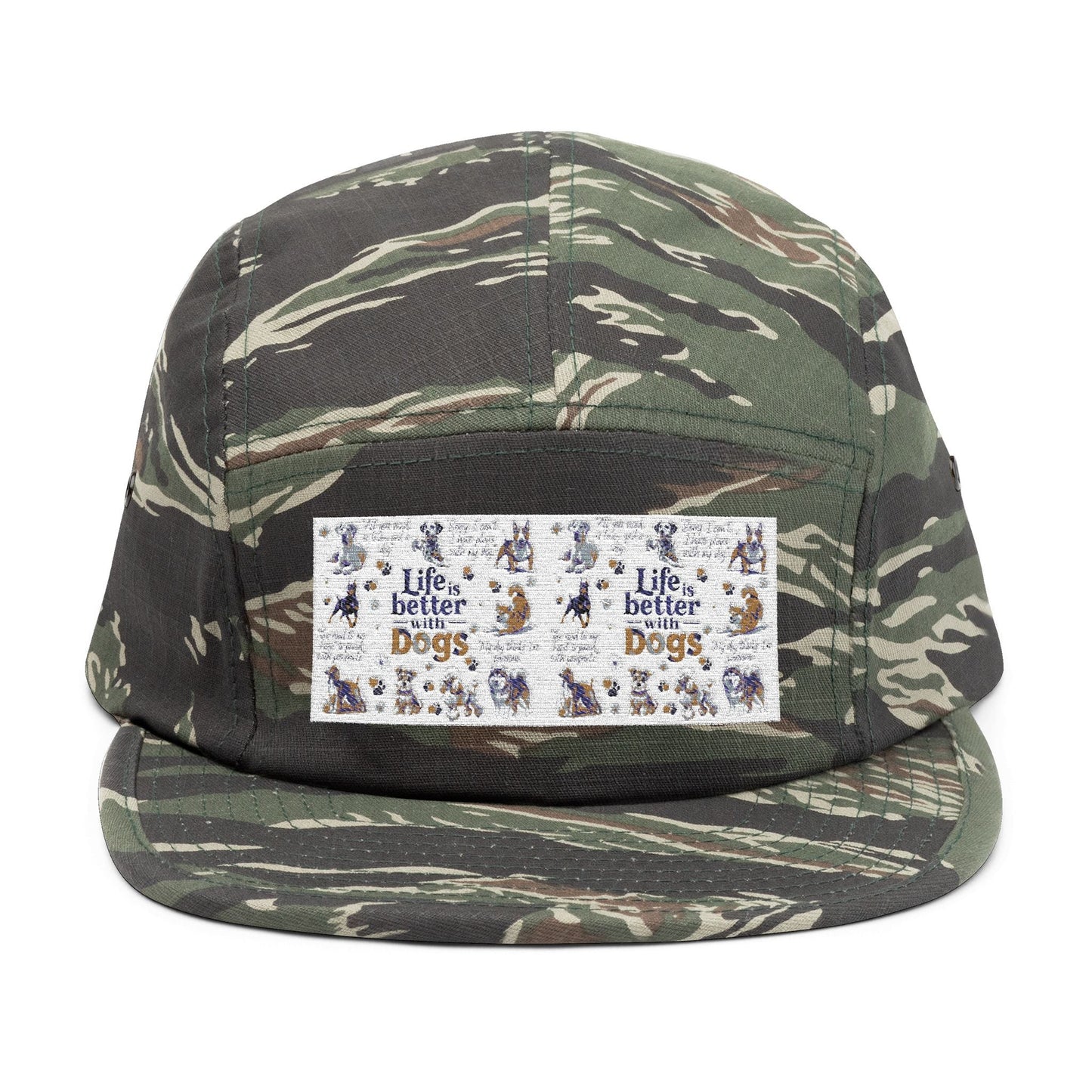 Dog Lovers 5 Panel Cap with "Life's Better with Dogs" embroidery on camouflage design.
