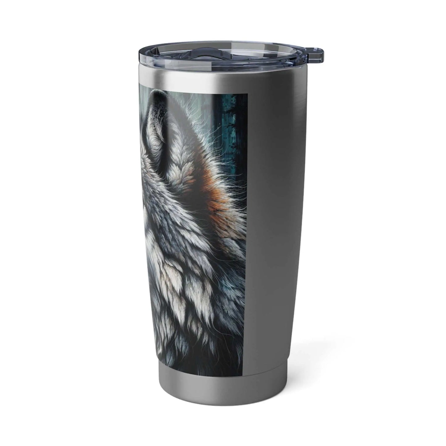 Vagabond Wolf 20oz Tumbler with vibrant wolf design, insulated travel mug for adventurers.