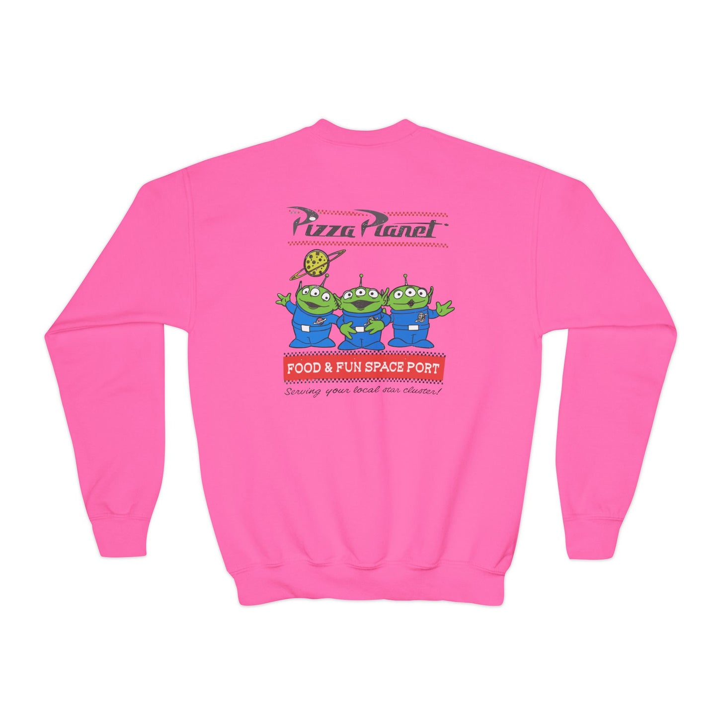 Pizza Planet Youth Crewneck Sweatshirt | Fun & Playful Gift for Kids, Space Theme Apparel, Ideal for Birthdays, Halloween, Everyday Wear