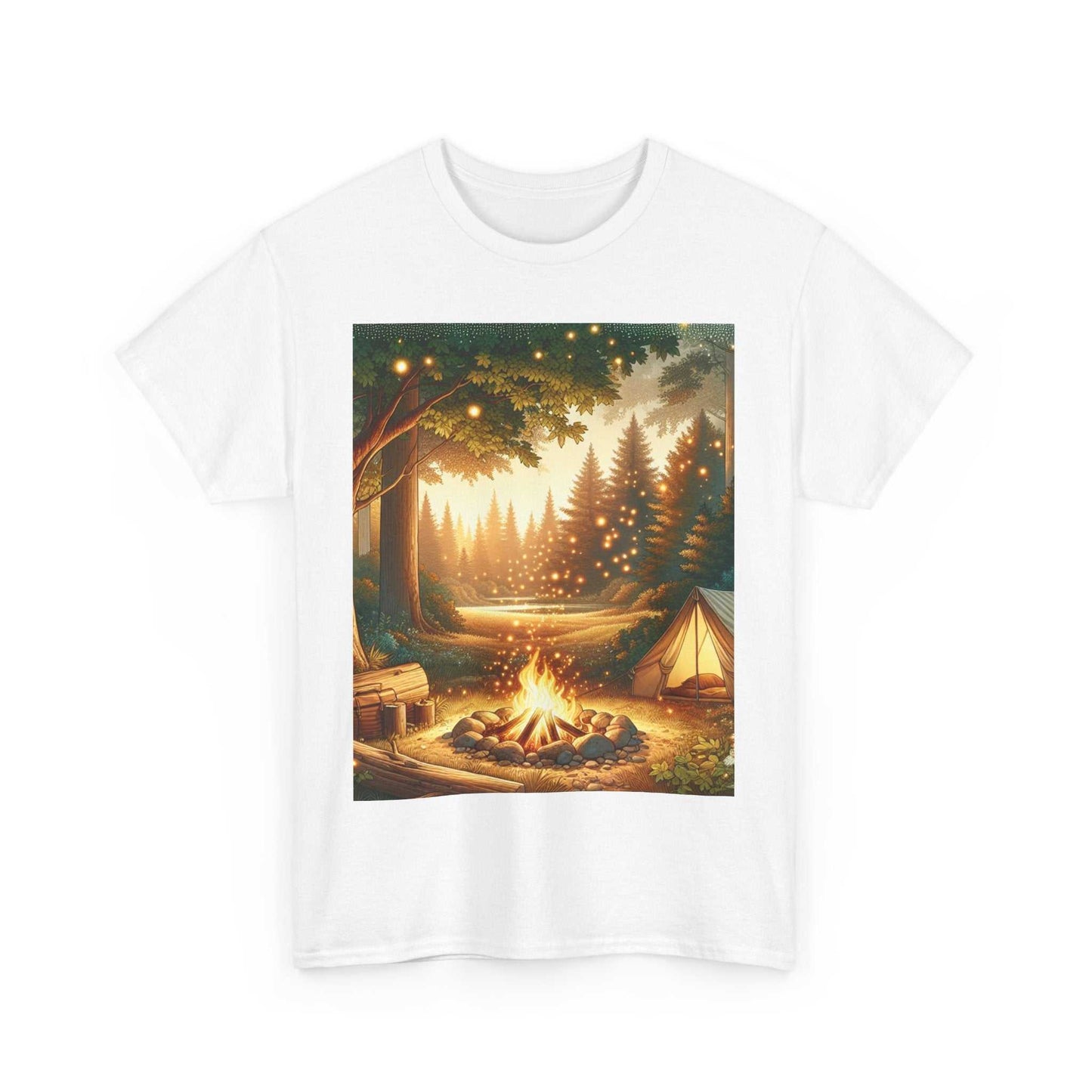 Unisex heavy cotton tee with a forest campfire design, featuring durable cotton fabric, crew neckline, and classic fit.