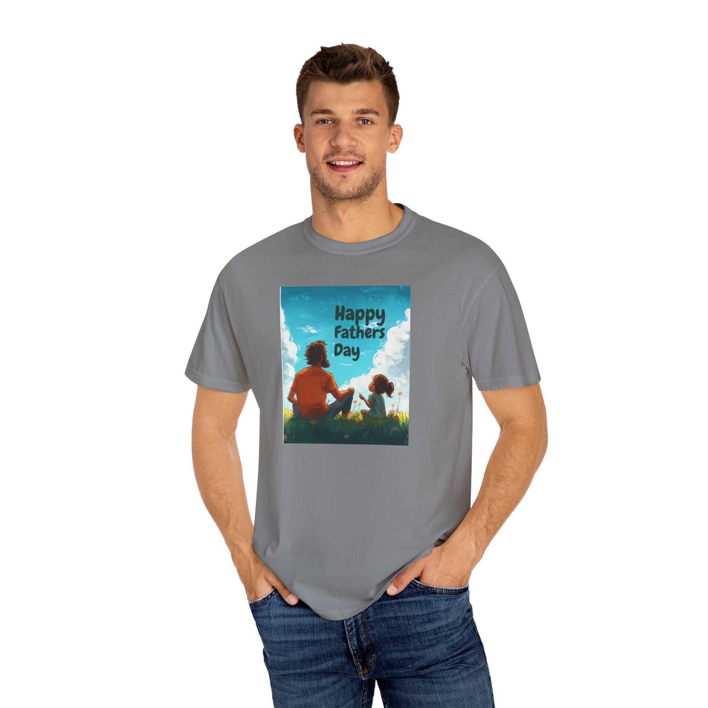 Unisex garment-dyed t-shirt with "Happy Father's Day" design, Comfort Colors 1717, soft-washed ring-spun cotton, relaxed fit.