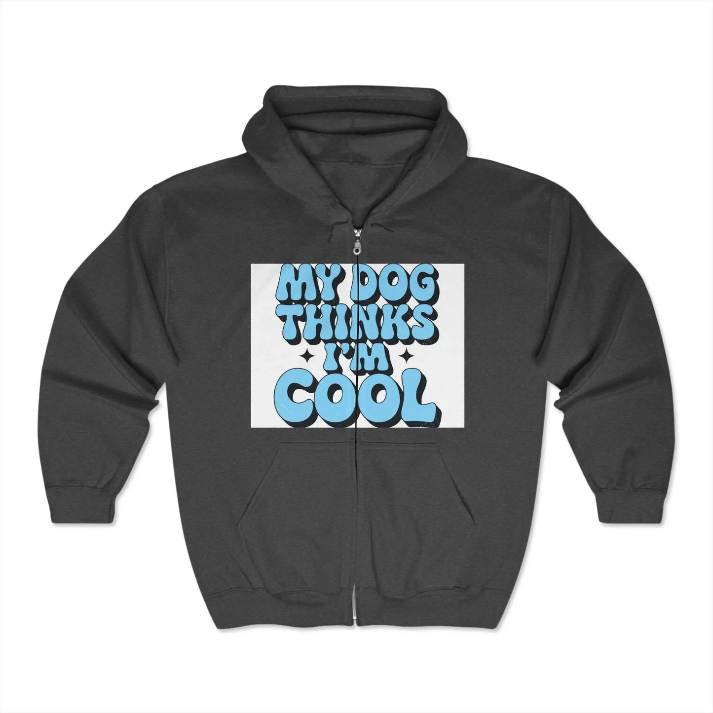 Unisex Heavy Blend™ Full Zip Hooded Sweatshirt with "My Dog Thinks I'm Cool" design, featuring soft fleece and a classic fit.
