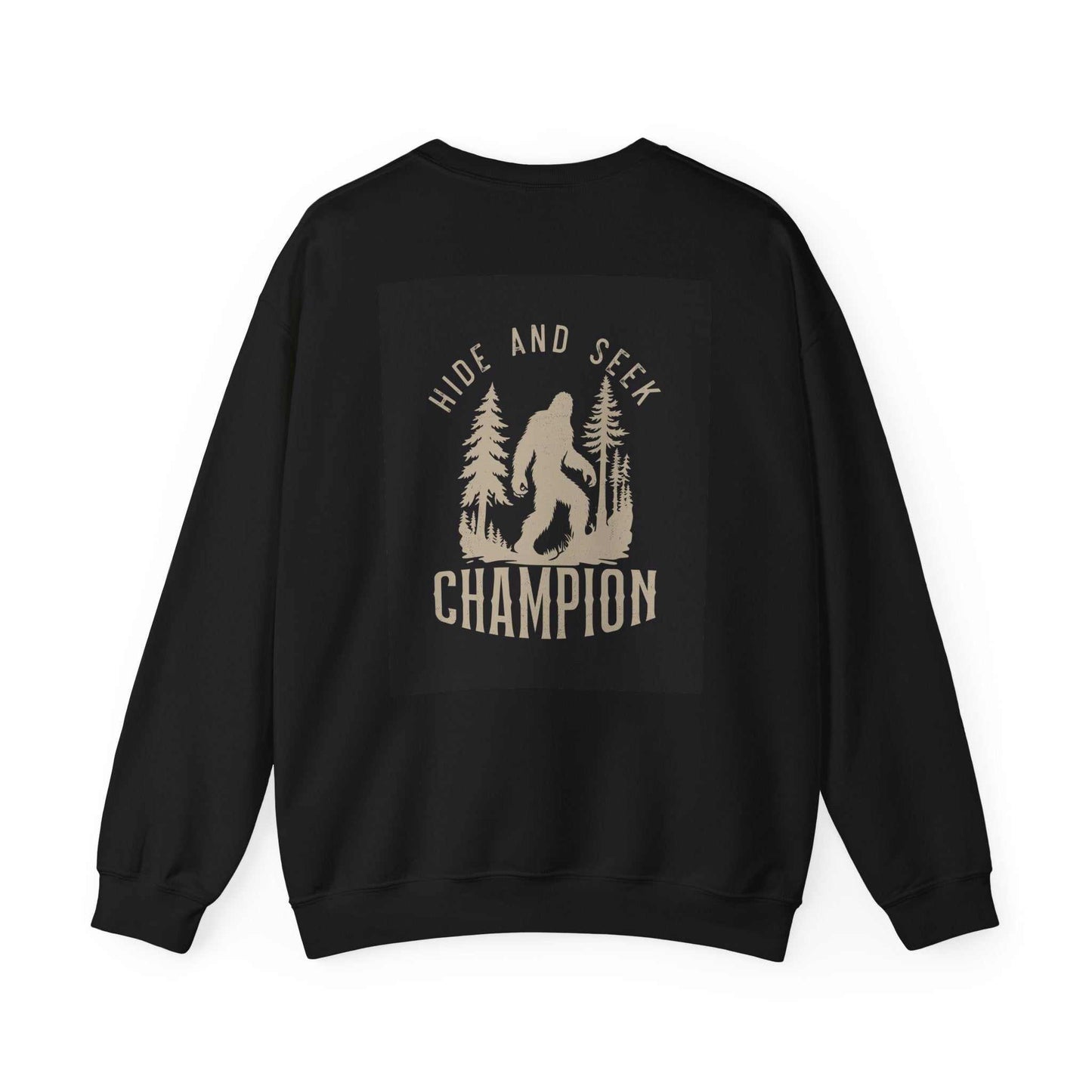 Unisex Heavy Blend™ Crewneck Sweatshirt with "Hide and Seek Champion" print in black, featuring ribbed knit collar and durable stitching.
