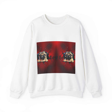 White sweatshirt featuring a pug dog graphic, perfect for dog lovers.