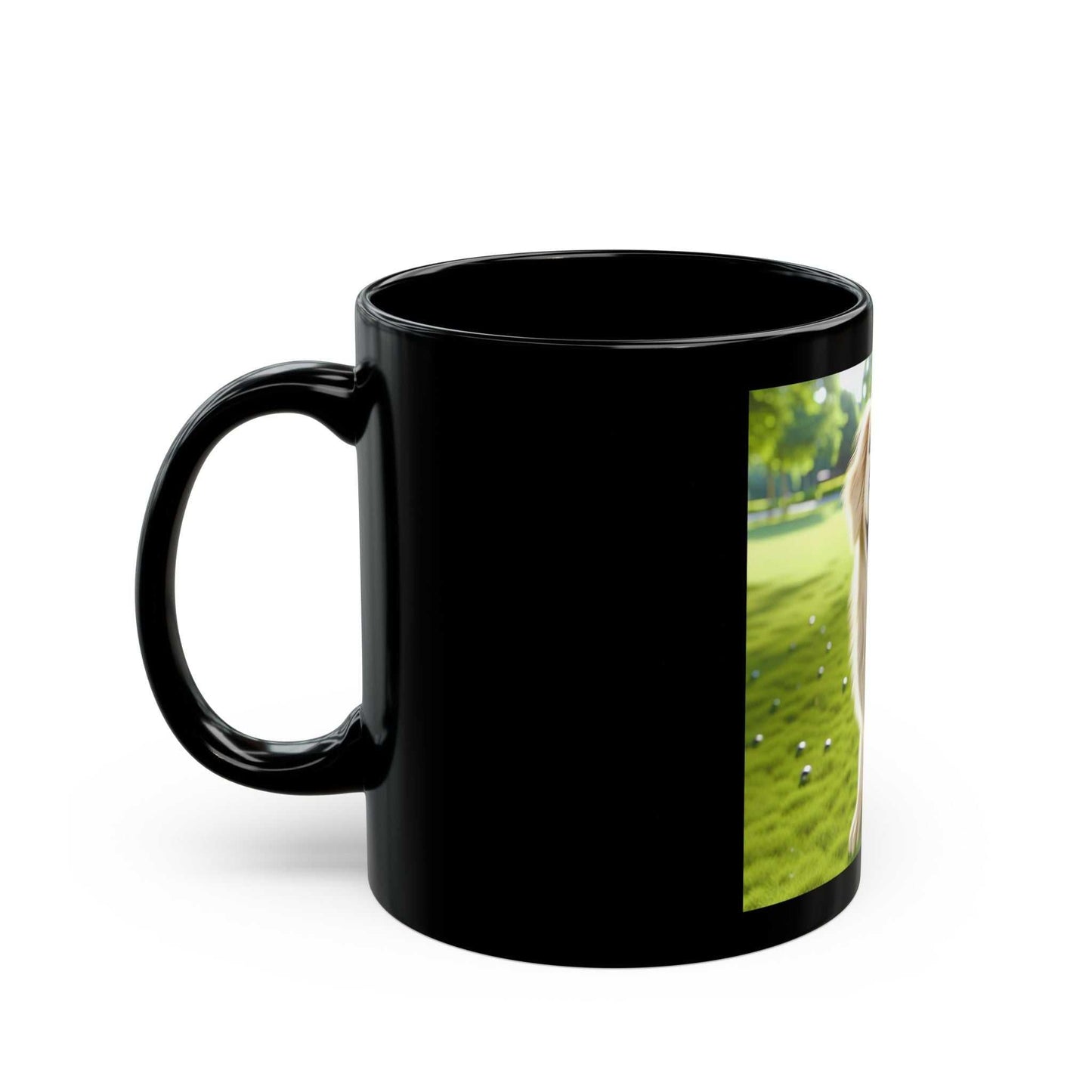 Black ceramic mug with customizable design, available in 11oz and 15oz sizes.