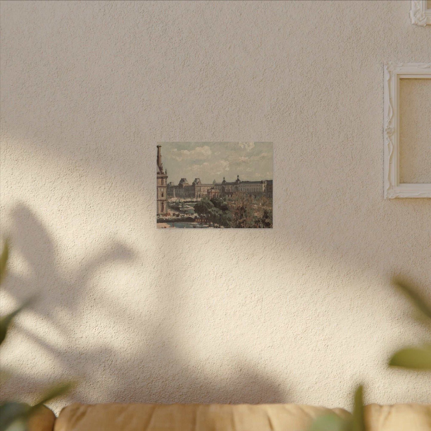 Matte canvas with custom artwork on a beige wall, featuring an eco-friendly pine frame for durable, vibrant prints.