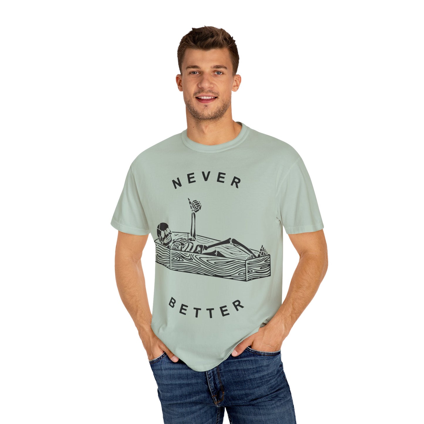 Halloween t-shirts never better skeleton giving a thumbs up in a casket