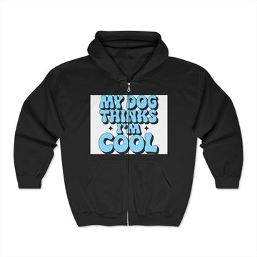Unisex Heavy Blend™ Full Zip Hooded Sweatshirt in black with "My Dog Thinks I'm Cool" graphic.