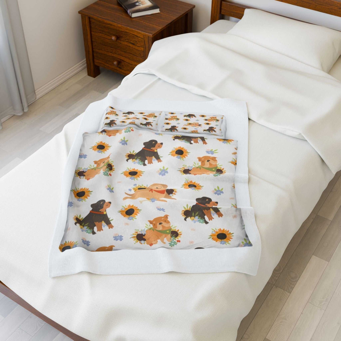 velveteen plush blanket dog lovers Velveteen plush blanket with dog lover design on bed, showcasing vibrant one-sided print with flowers and dogs, available in multiple sizes.