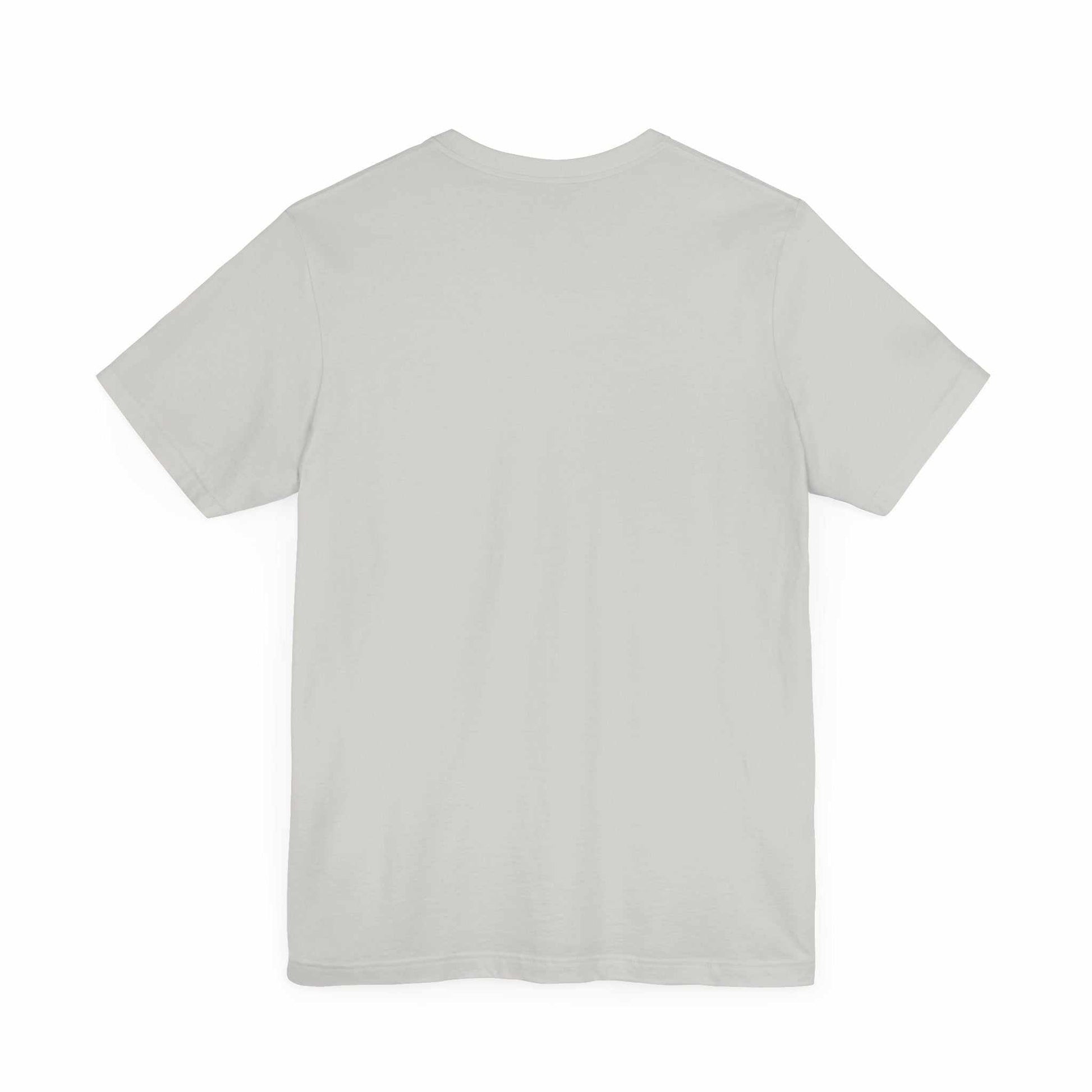 Unisex jersey short sleeve tee in light gray, breathable cotton, crew neckline, back view.