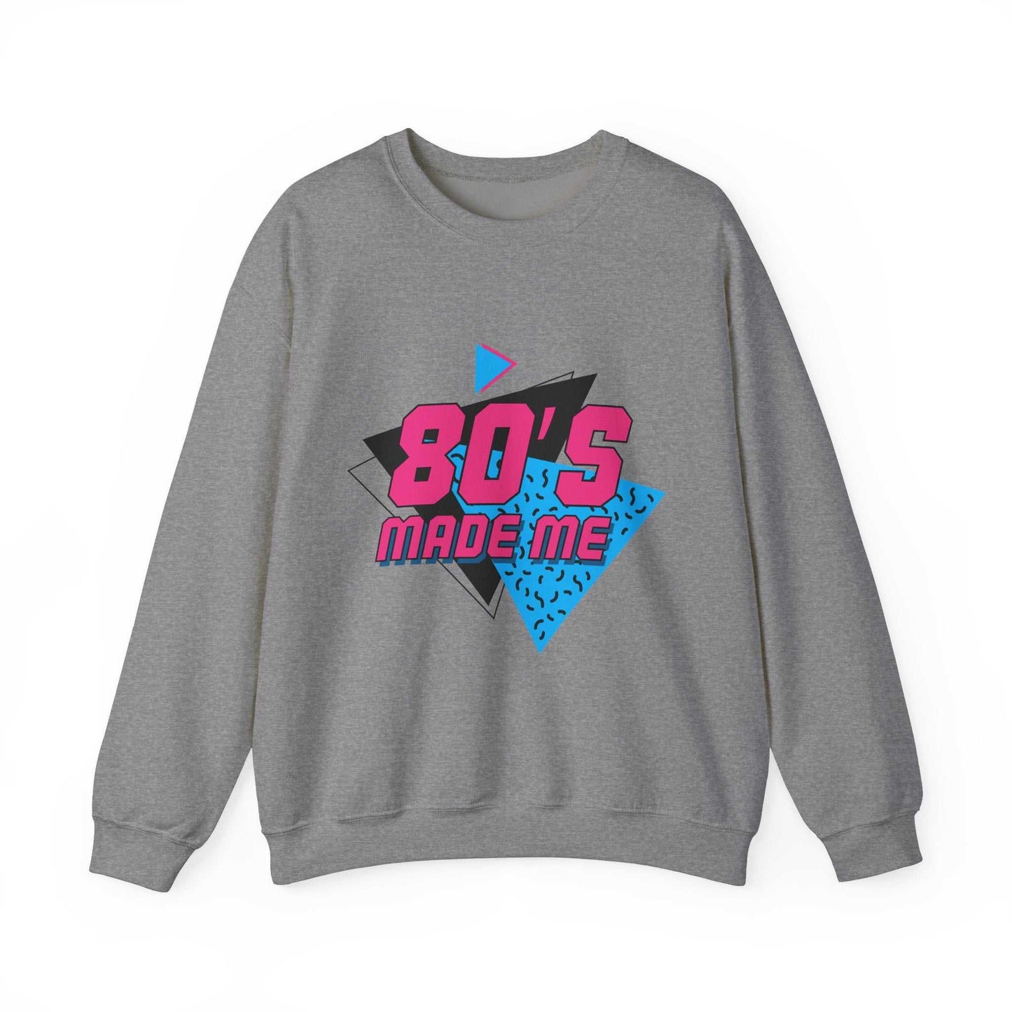 80's made me sweatshirt, gray crewneck, unisex, polyester and cotton blend, durable and comfortable.