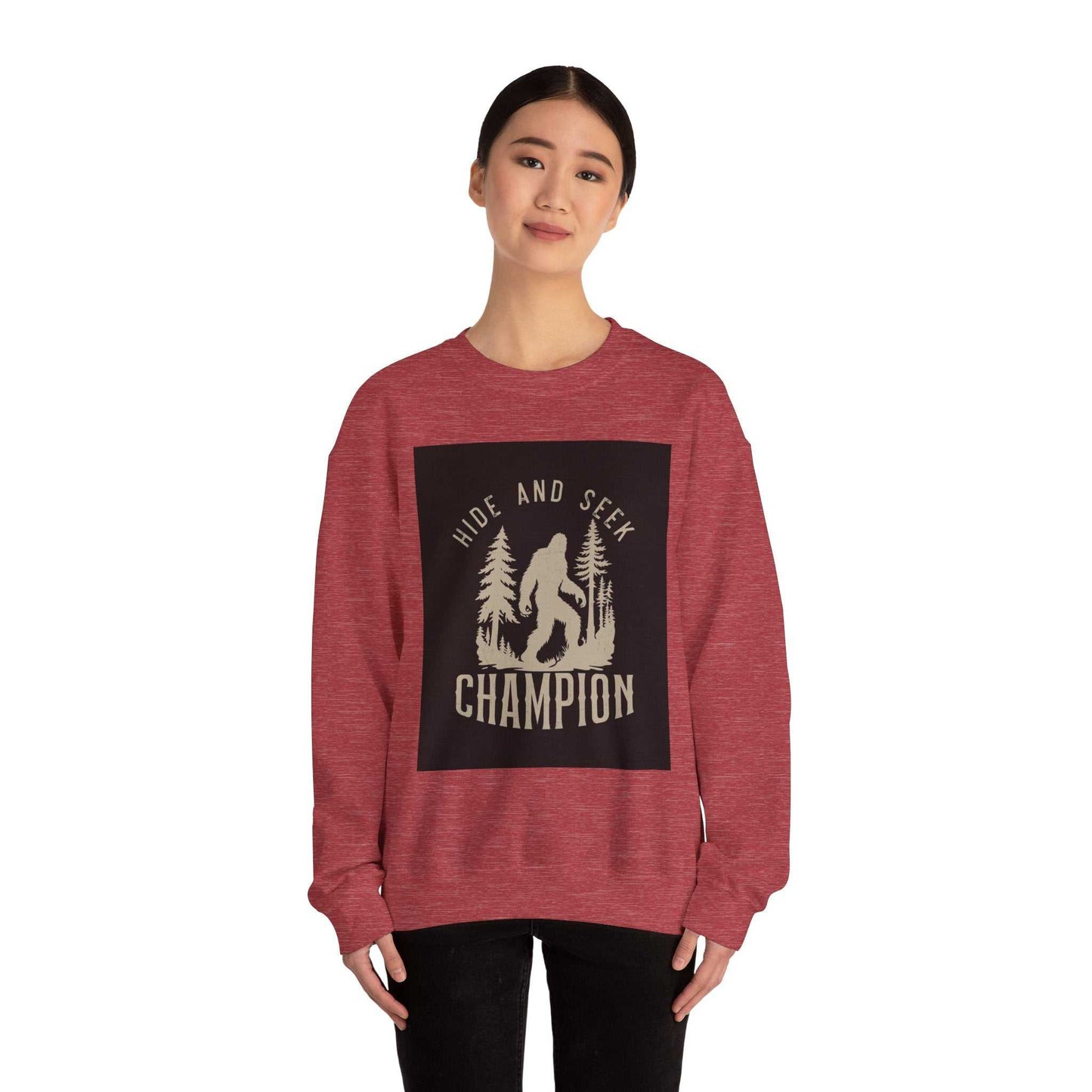 Unisex Heavy Blend™ Crewneck Sweatshirt in red, featuring a "Hide and Seek Champion" graphic.