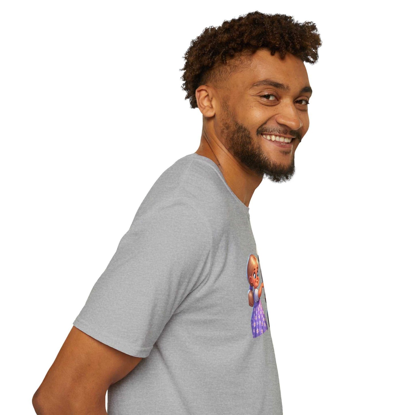 Unisex softstyle t-shirt, heather grey, side view, featuring graphic design.