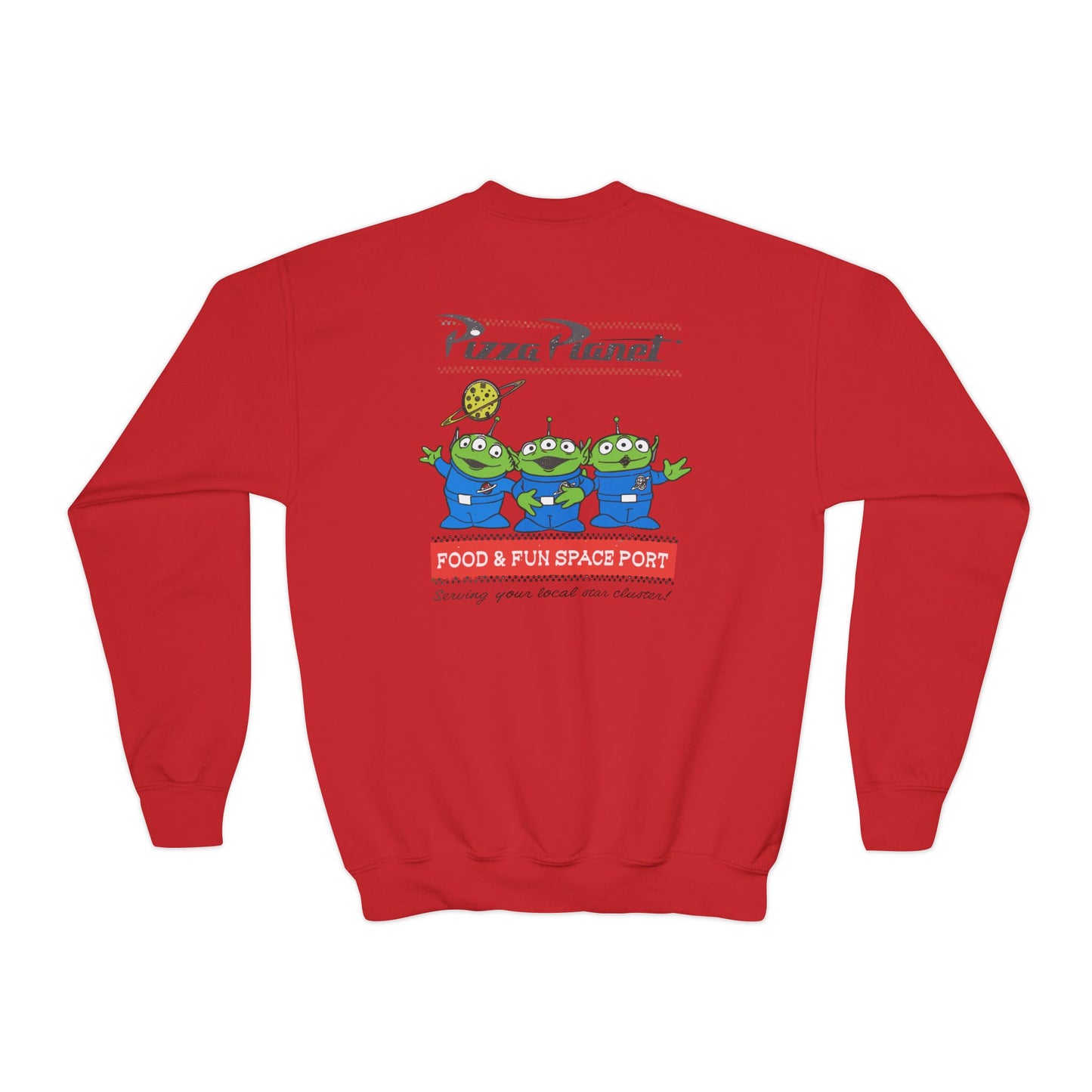 Pizza Planet Youth Crewneck Sweatshirt | Fun & Playful Gift for Kids, Space Theme Apparel, Ideal for Birthdays, Halloween, Everyday Wear