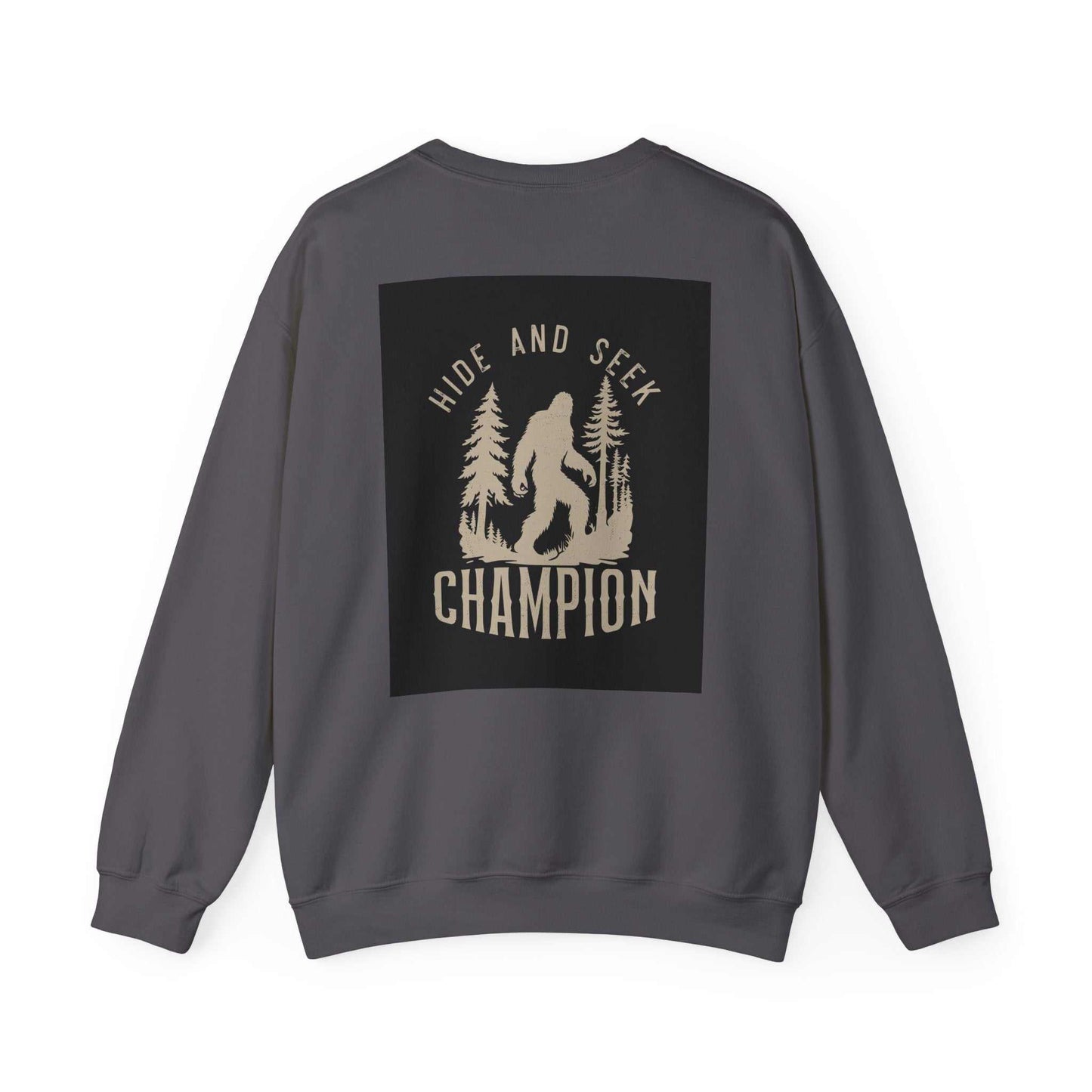 Unisex Heavy Blend™ Crewneck Sweatshirt with "Hide and Seek Champion" design on back, medium-heavy fabric, ribbed collar.
