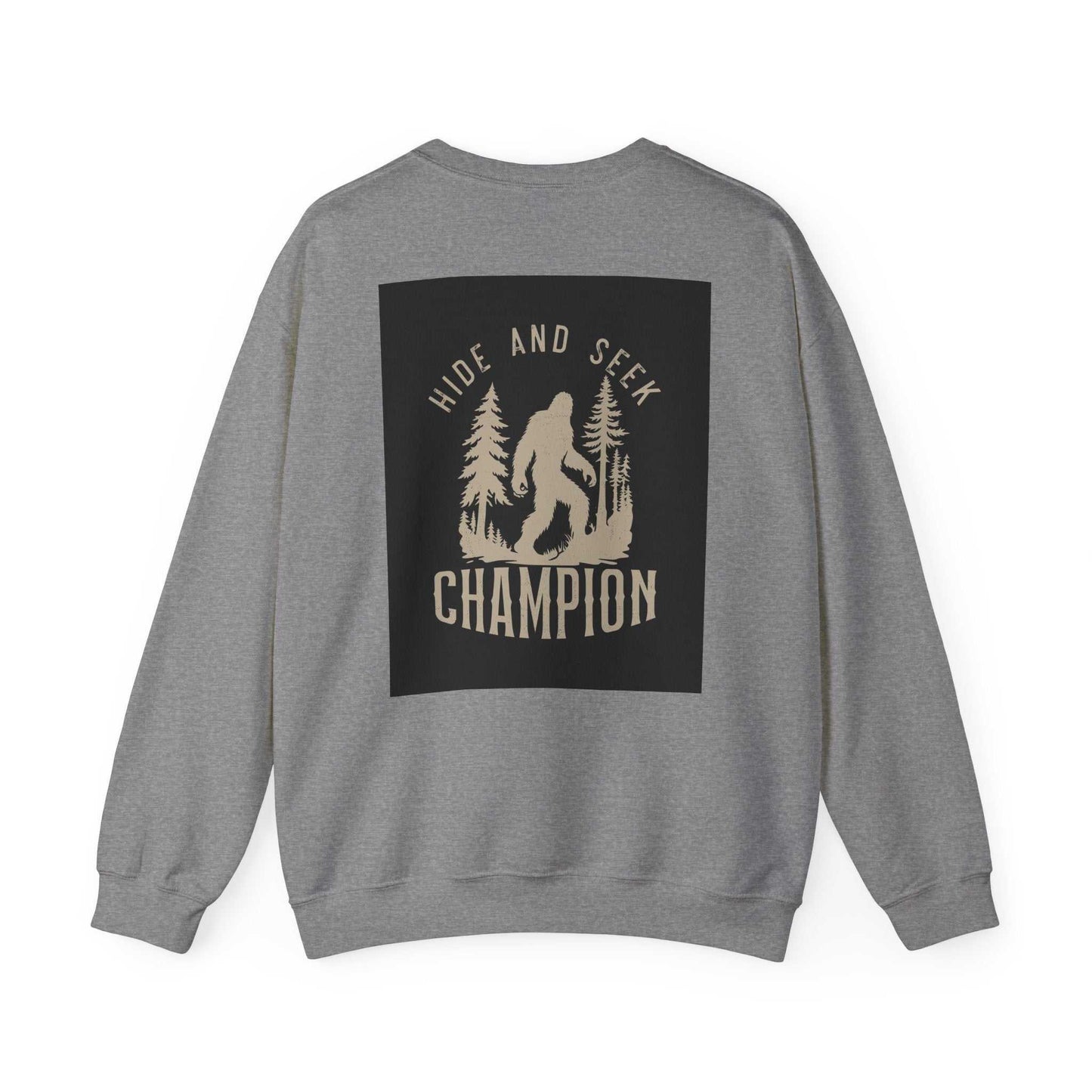 Unisex Heavy Blend™ Crewneck Sweatshirt with Bigfoot design and "Hide and Seek Champion" text on the back, made of a cotton-polyester blend for comfort and durability.