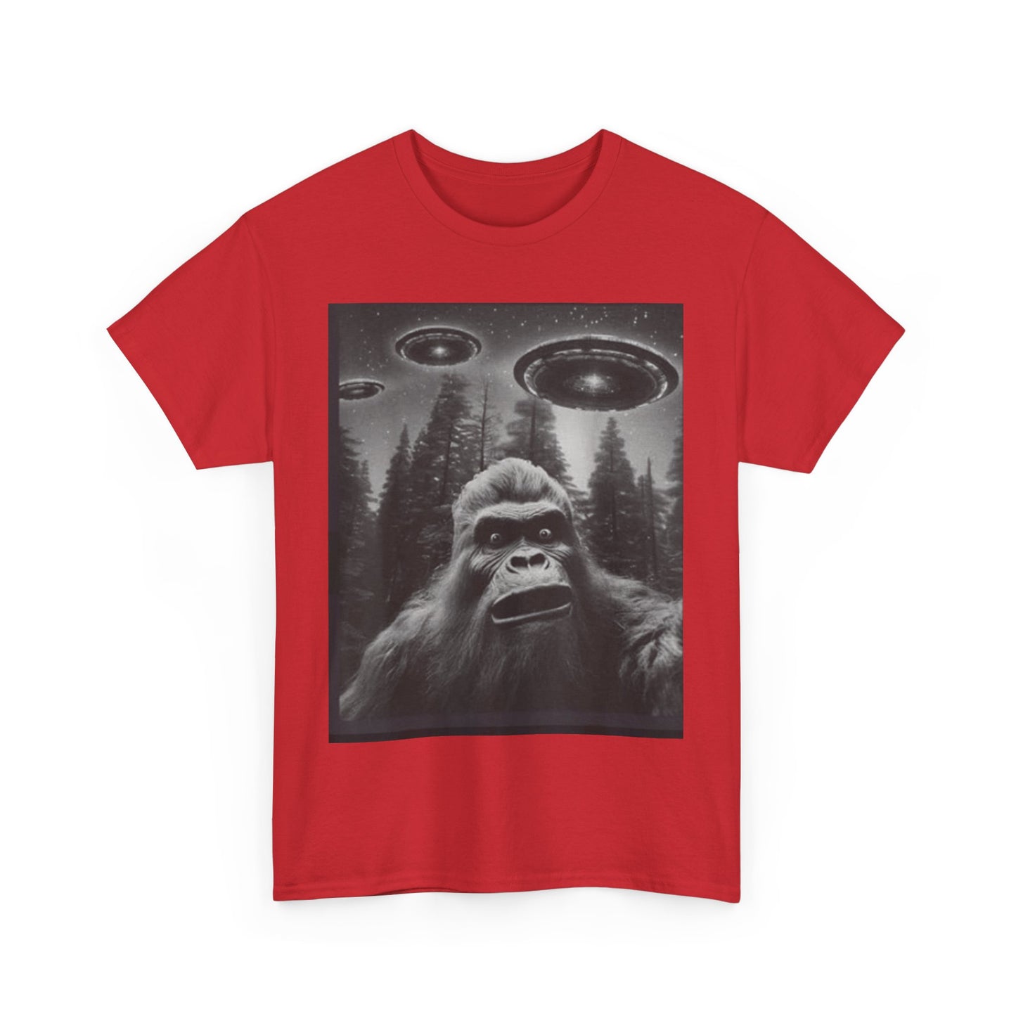 Bigfoot and flying saucers Unisex Heavy Cotton Tee - Size Variants ET