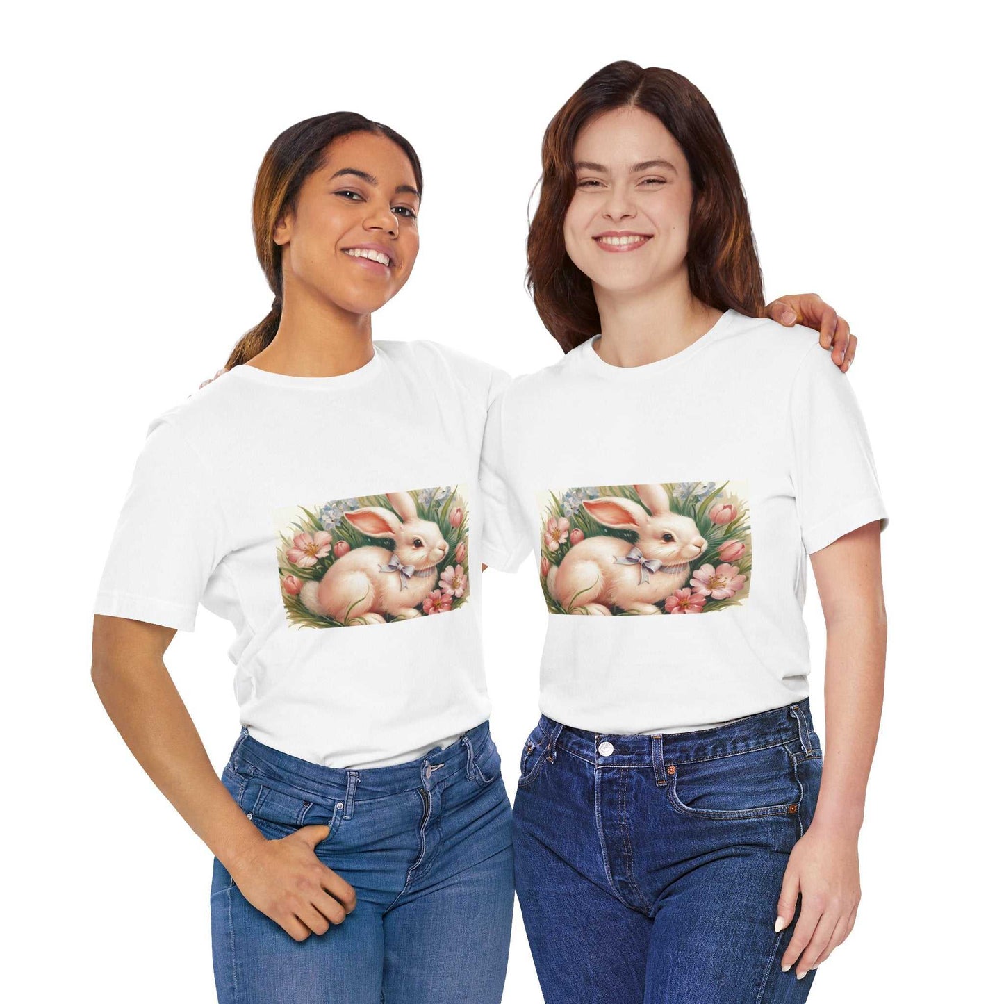 Spring Bunny Short Sleeve Tee with floral Easter bunny design, ideal for spring outings and casual wear.