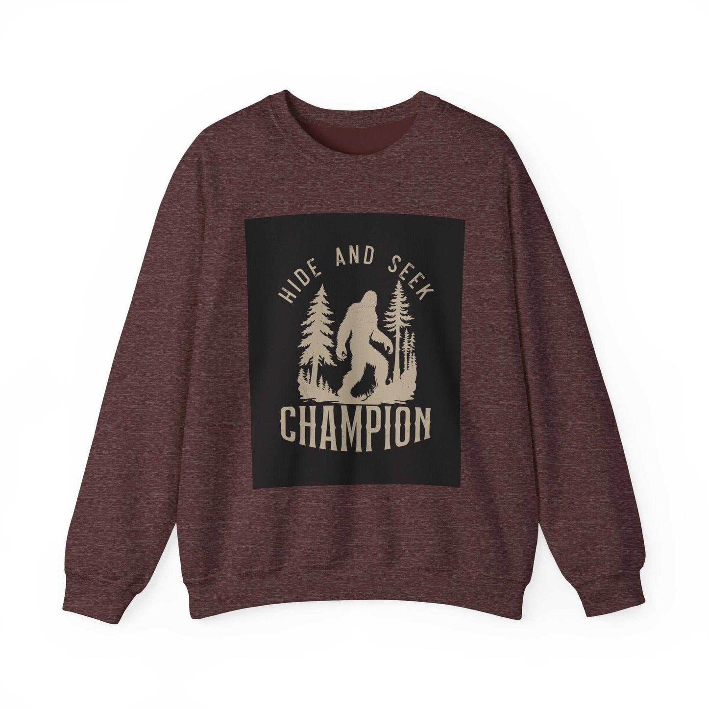 Unisex Heavy Blend™ Crewneck Sweatshirt in maroon with "Hide and Seek Champion" graphic.