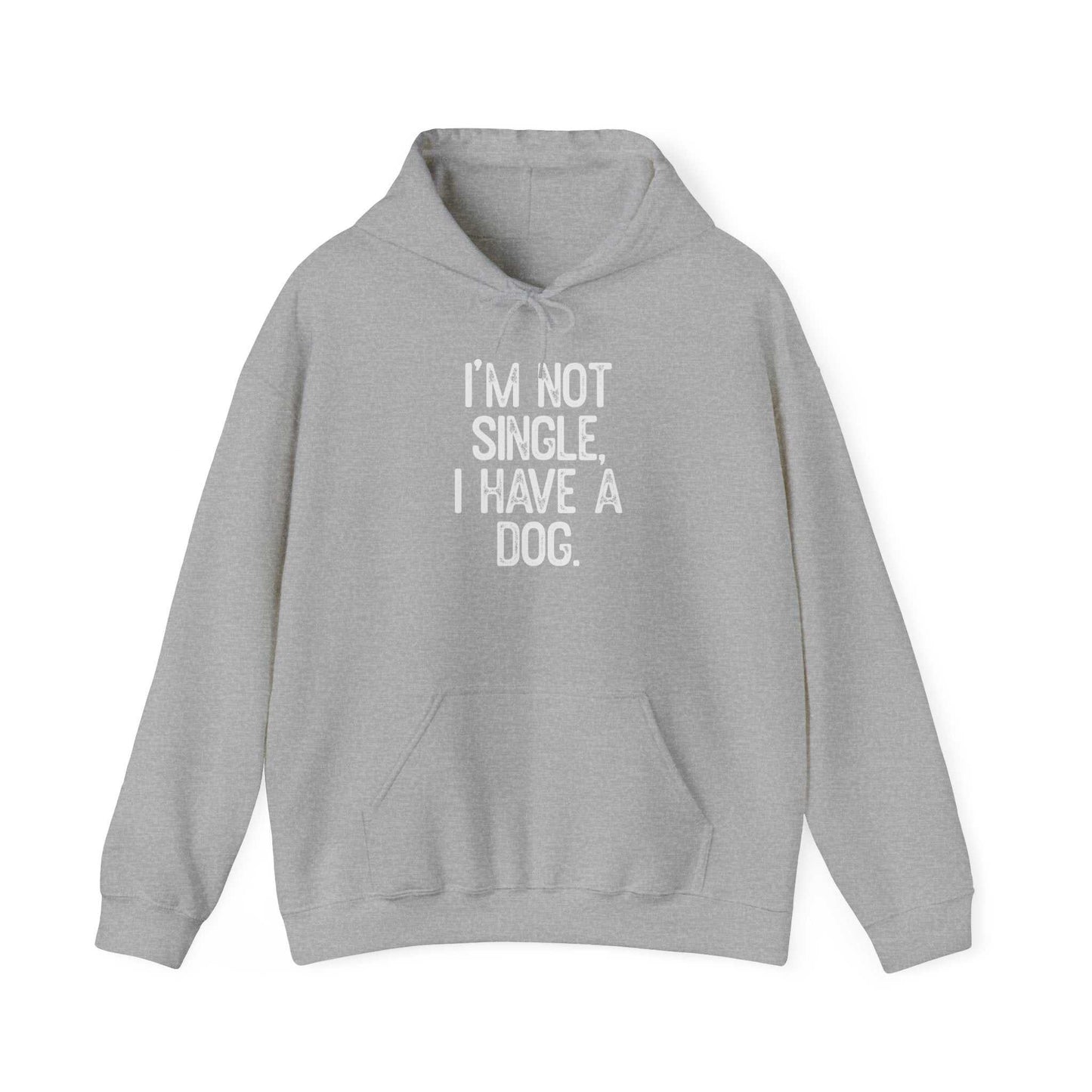Unisex heavy cotton hoodie with kangaroo pocket, grey color, white text design "I'm not single, I have a dog".