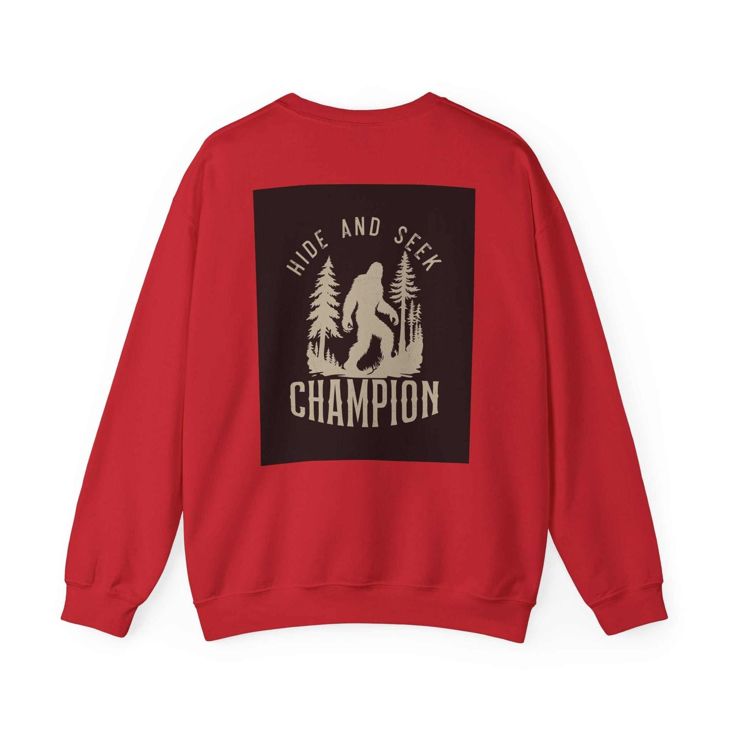 Unisex Heavy Blend™ Crewneck Sweatshirt in red with 'Hide and Seek Champion' design on the back.