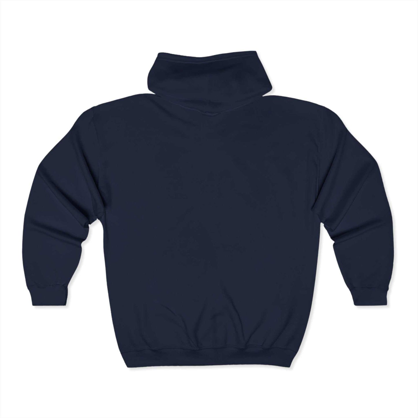 Unisex Heavy Blend™ Full Zip Hooded Sweatshirt in navy blue, back view showing classic fit and medium-heavy fabric.