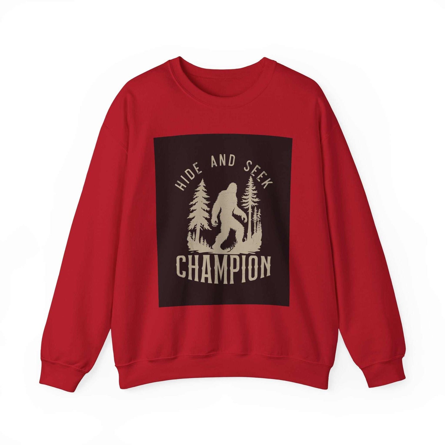 Unisex Heavy Blend™ Crewneck Sweatshirt in red with "Hide and Seek Champion" graphic design for warmth and comfort.