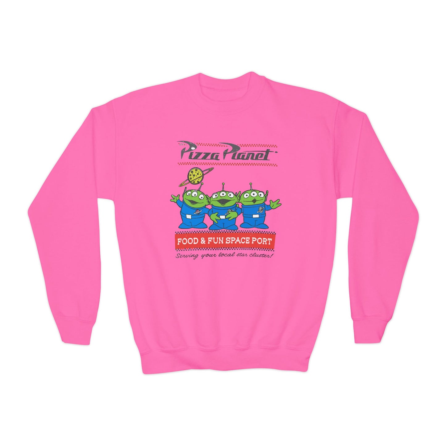 Pizza Planet Youth Crewneck Sweatshirt | Fun & Playful Gift for Kids, Space Theme Apparel, Ideal for Birthdays, Halloween, Everyday Wear