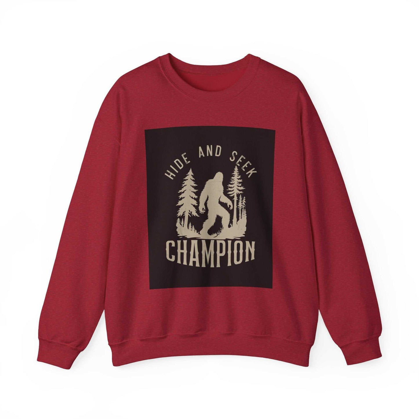Unisex Heavy Blend™ Crewneck Sweatshirt with 'Hide and Seek Champion' design in red, cozy and sustainable fabric blend.