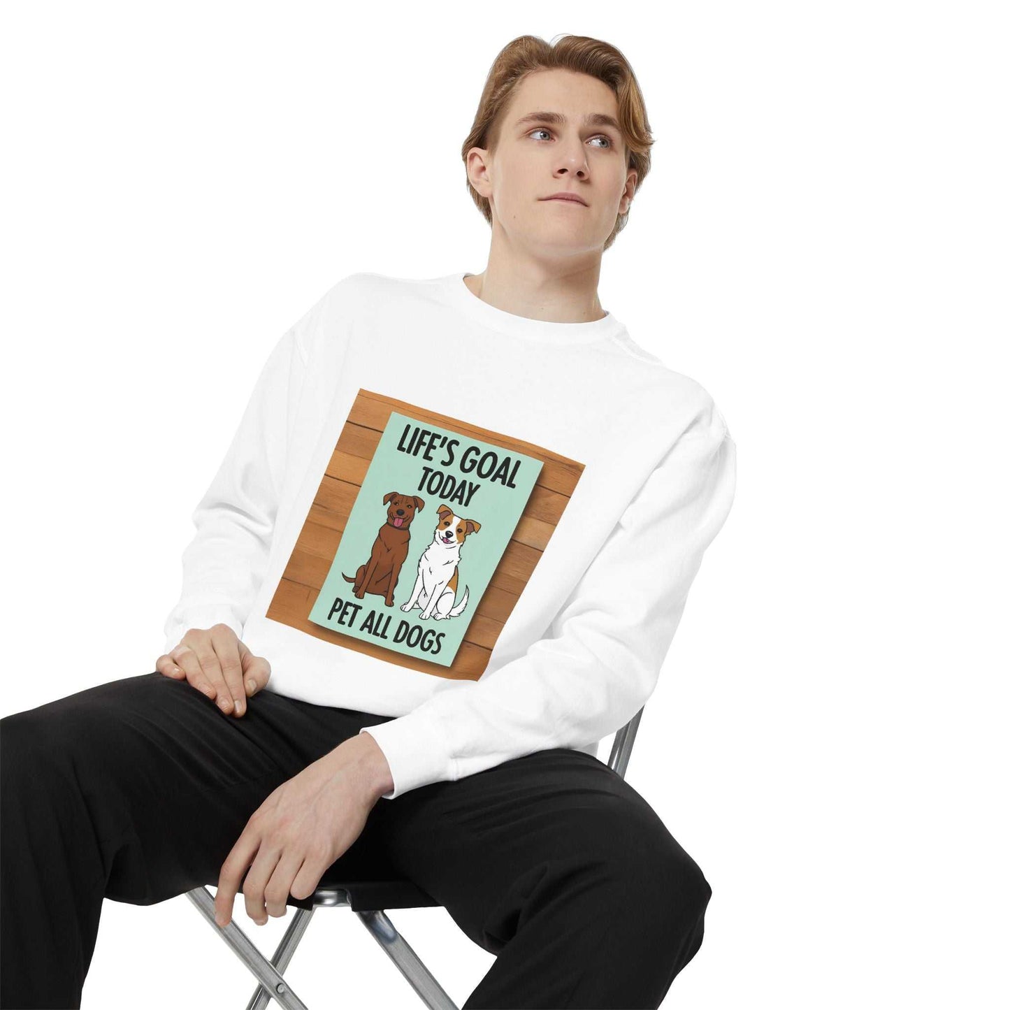 Unisex white sweatshirt with "Life Goal: Pet All Dogs" graphic, perfect for dog lovers.