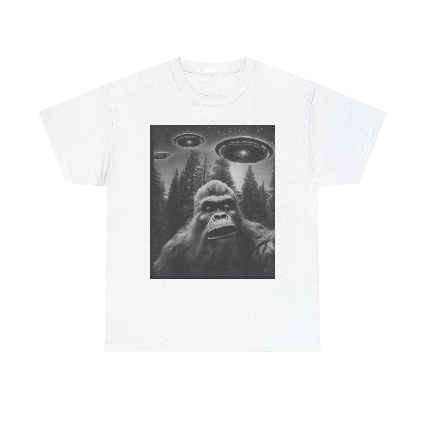 Bigfoot and flying saucers Unisex Heavy Cotton Tee - Size Variants ET