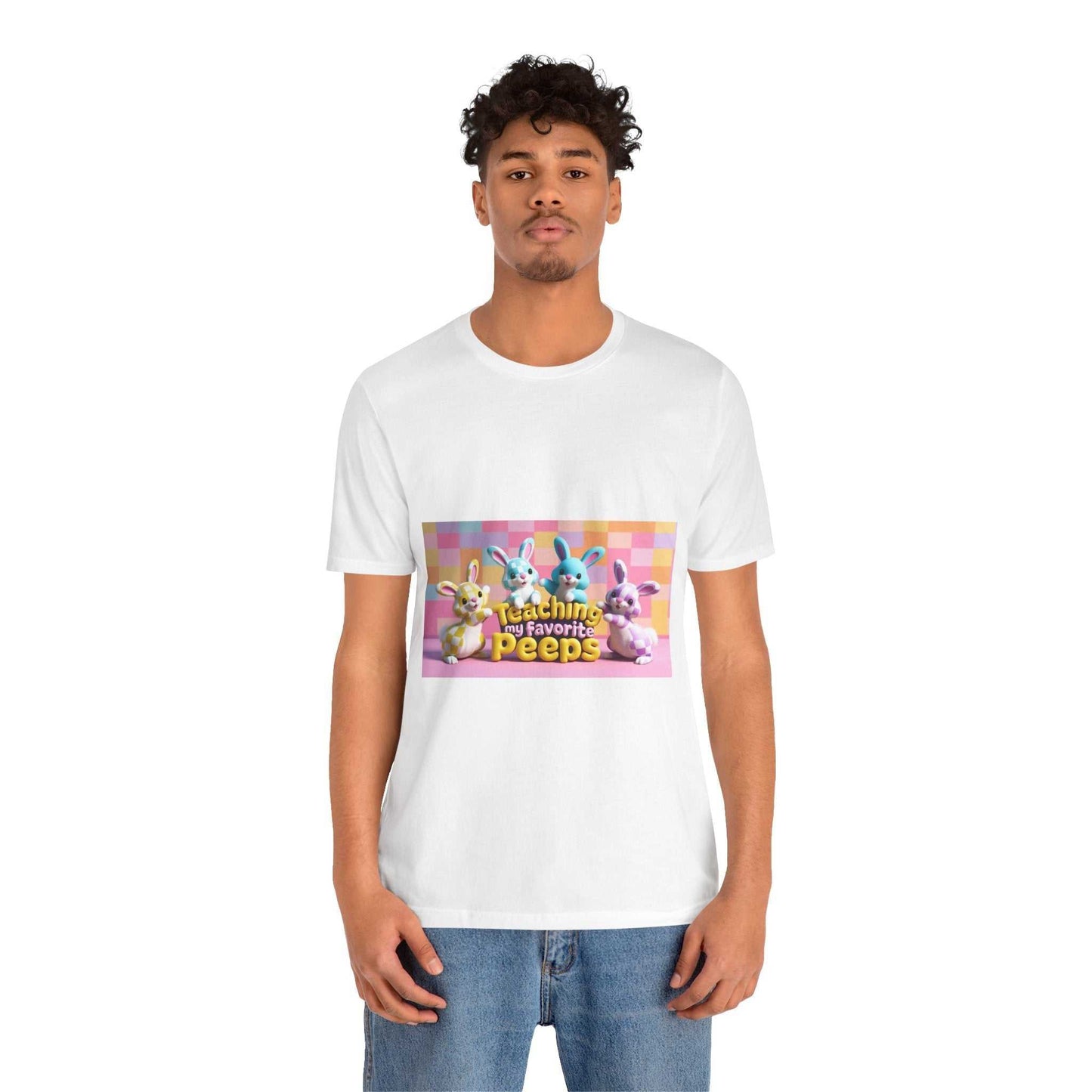 Unisex Jersey Short Sleeve Tee with rabbit graphic design worn by model.