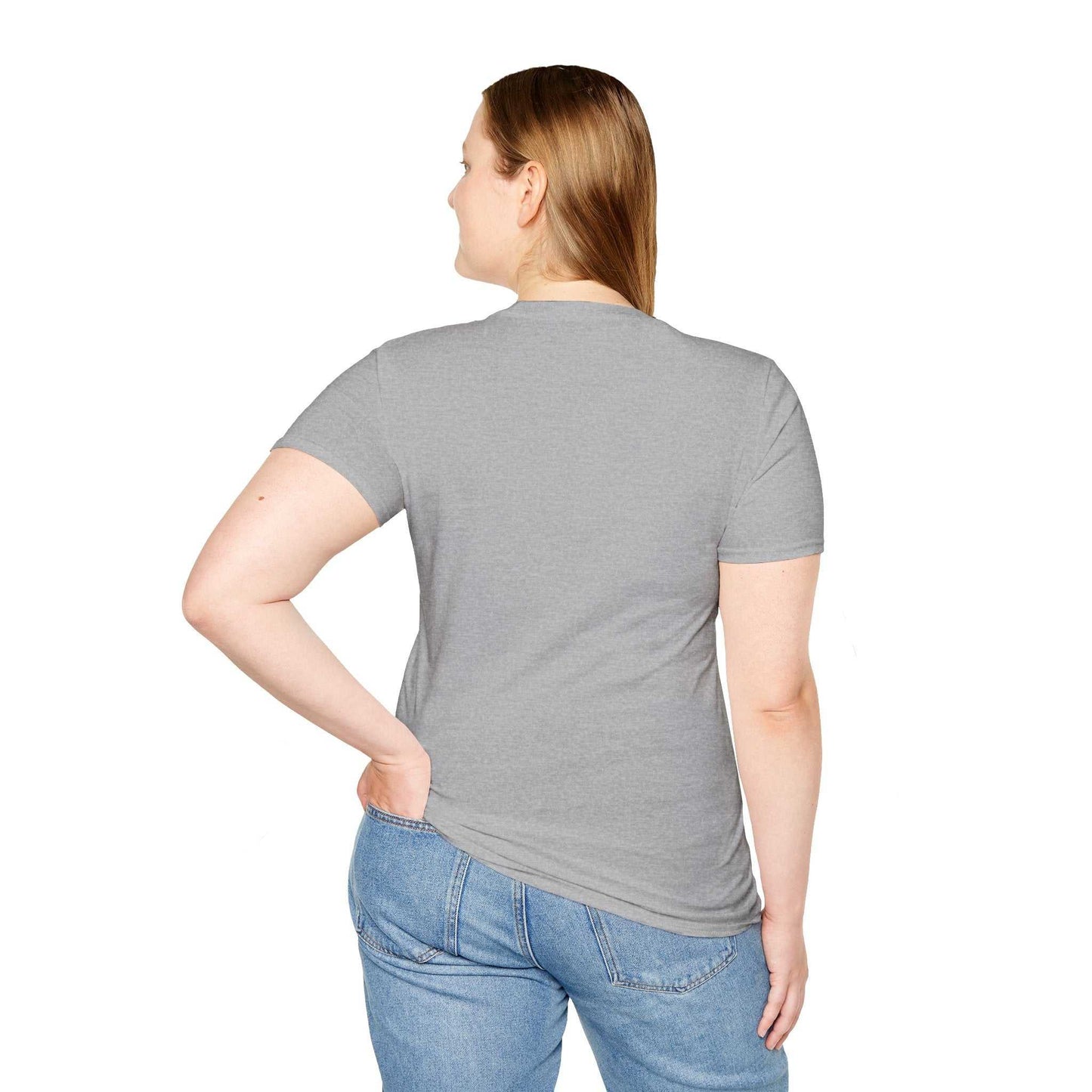 Unisex Softstyle T-Shirt in grey, featuring a classic fit and crew neckline, worn by a model from the back.