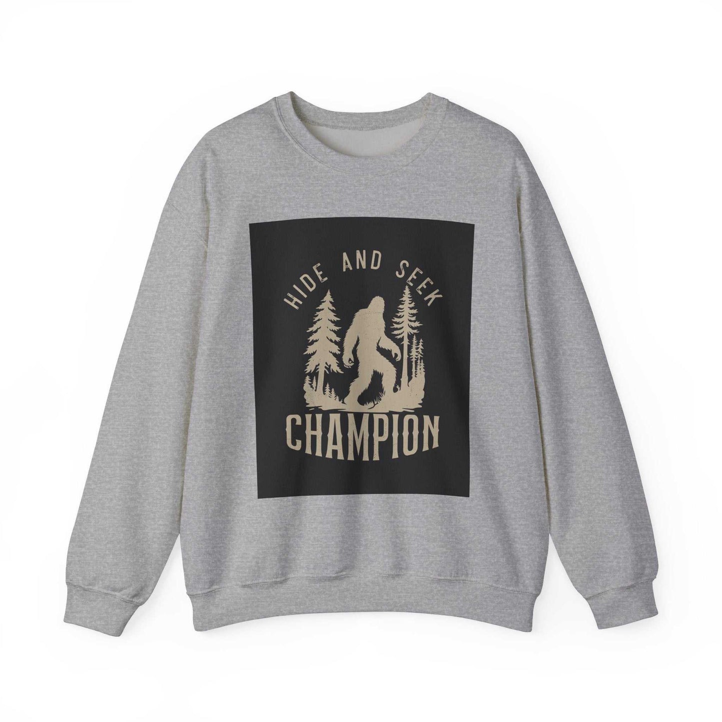 Unisex Heavy Blend™ Crewneck Sweatshirt with "Hide and Seek Champion" graphic, made from cozy cotton-polyester blend.
