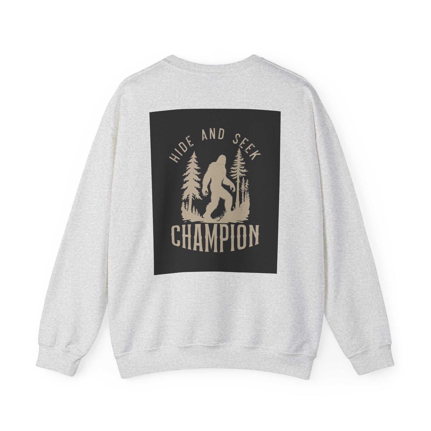 Unisex Heavy Blend™ Crewneck Sweatshirt with "Hide and Seek Champion" design on back, cozy polyester-cotton blend.