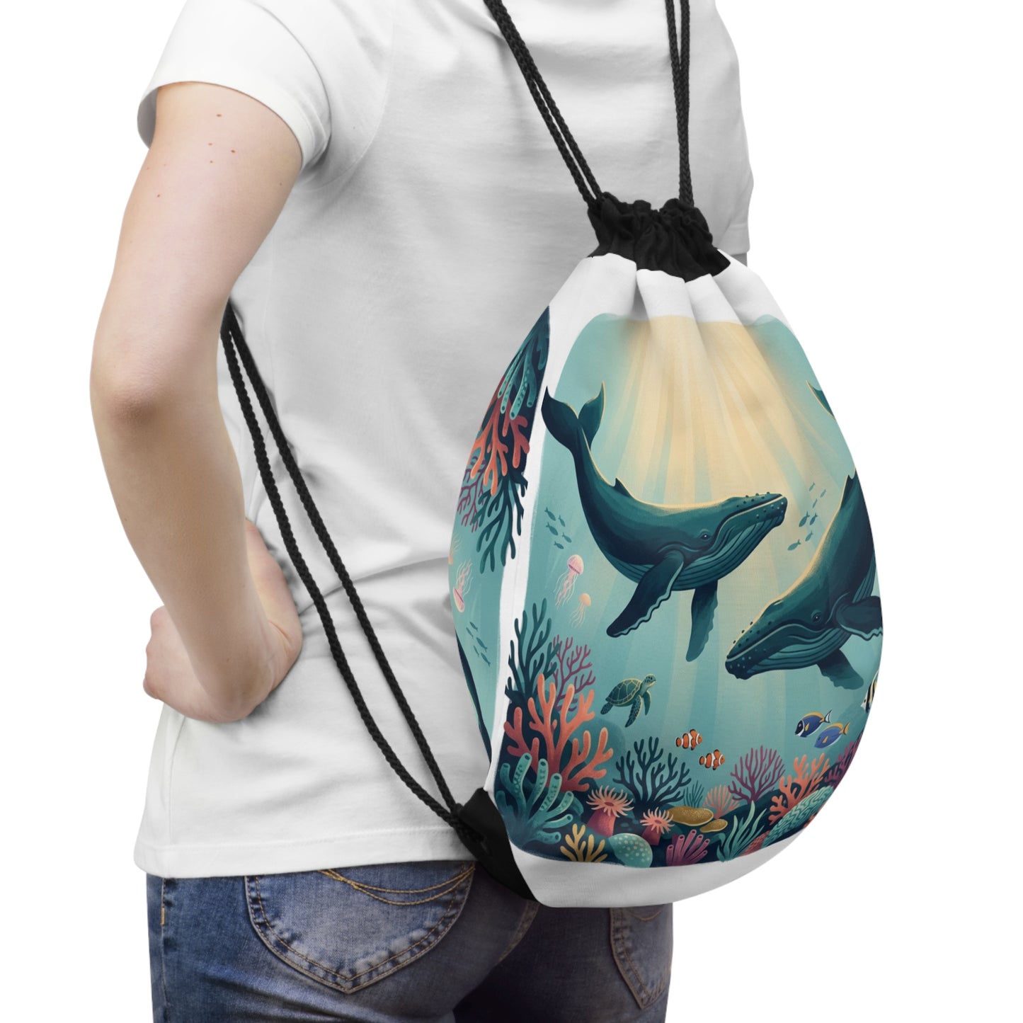 Whale Ocean Drawstring Bag | Underwater Coral Reef Print