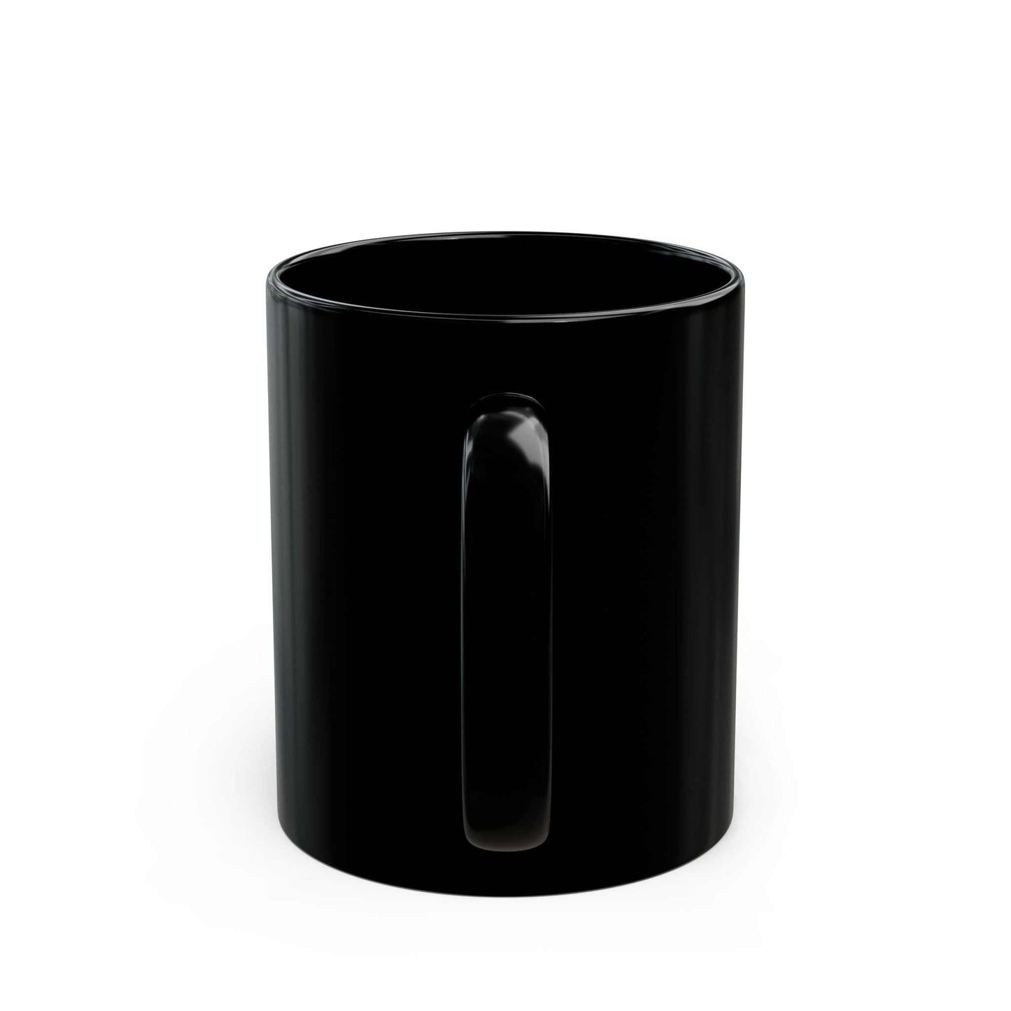 Black ceramic mug with glossy finish, available in 11oz and 15oz, dishwasher and microwave safe.