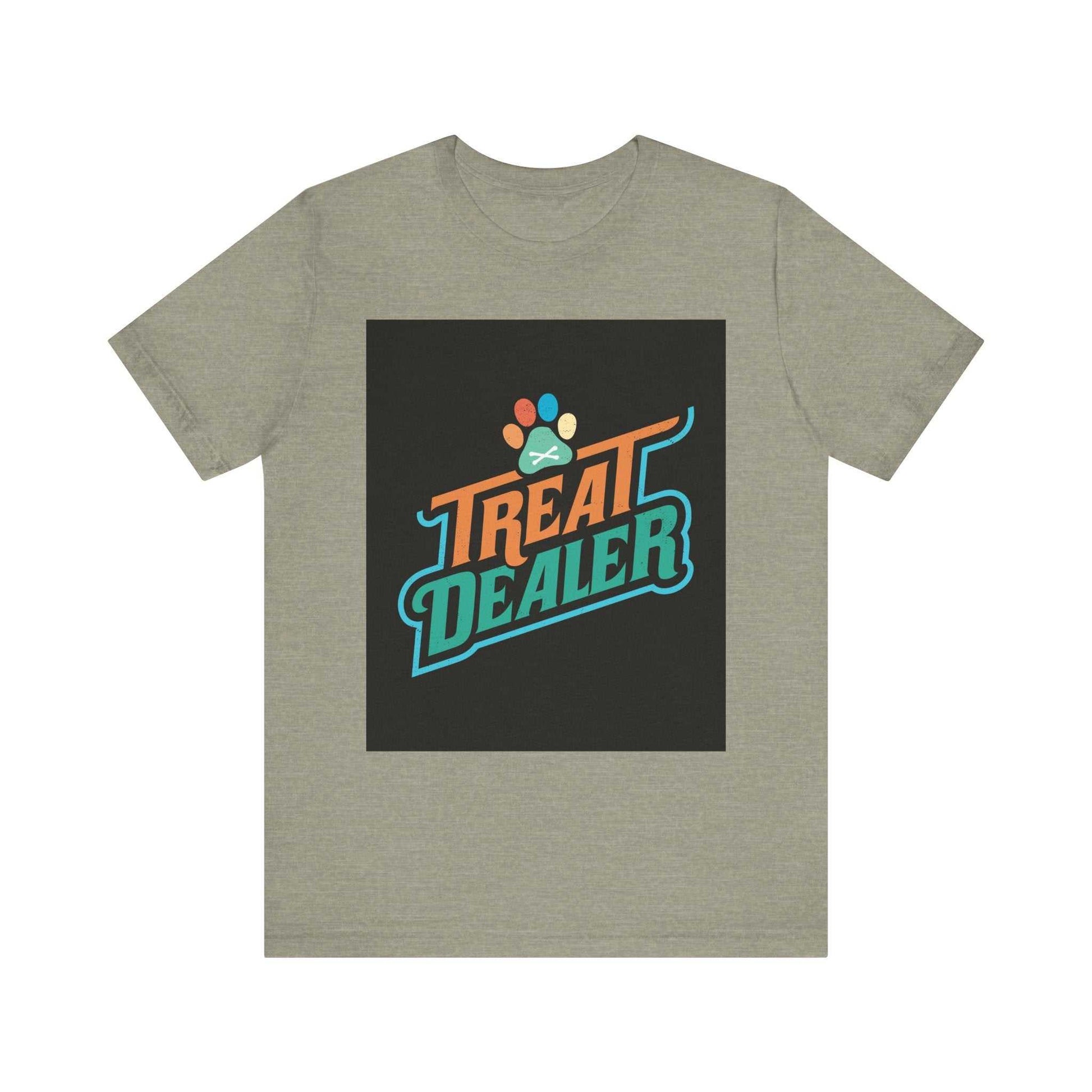 Unisex jersey short sleeve tee with "Treat Dealer" print, soft cotton, ribbed knit collar, casual fit.