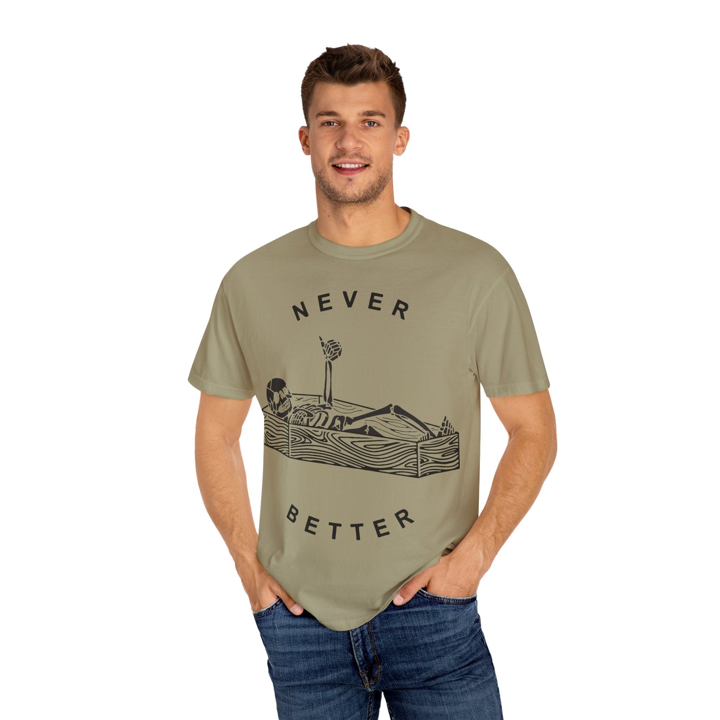 Halloween t-shirts never better skeleton giving a thumbs up in a casket