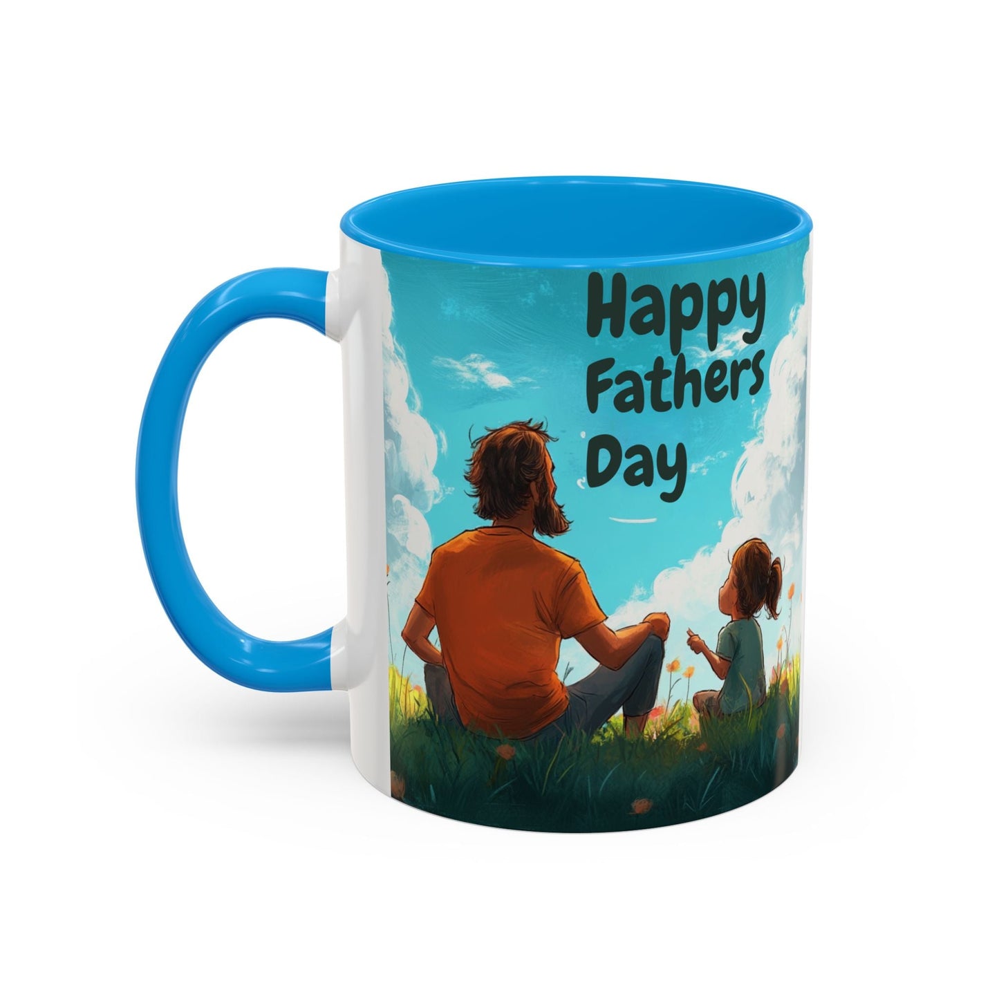 Colorful mugs with Father's Day design, blue handle and interior, glossy ceramic finish.