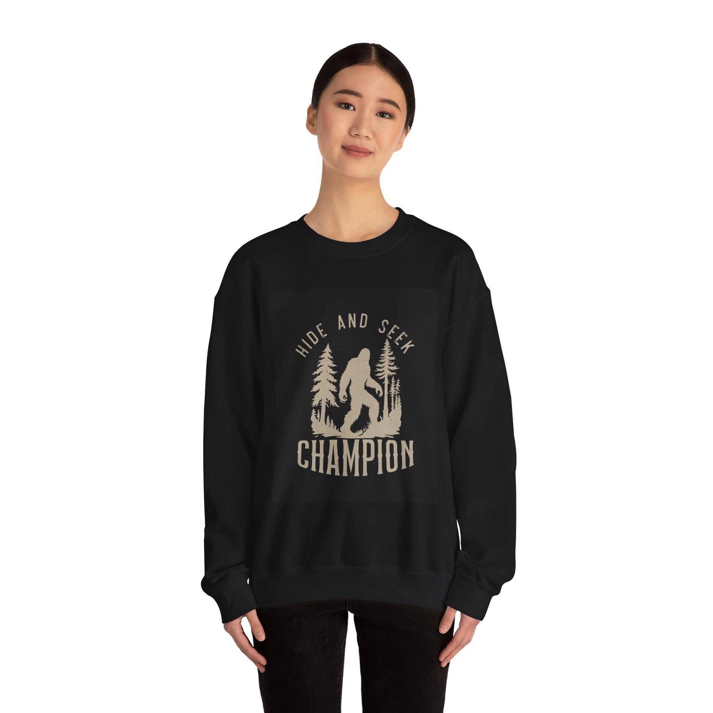 Unisex Heavy Blend™ Crewneck Sweatshirt, black, featuring a "Hide and Seek Champion" design, worn by a model.