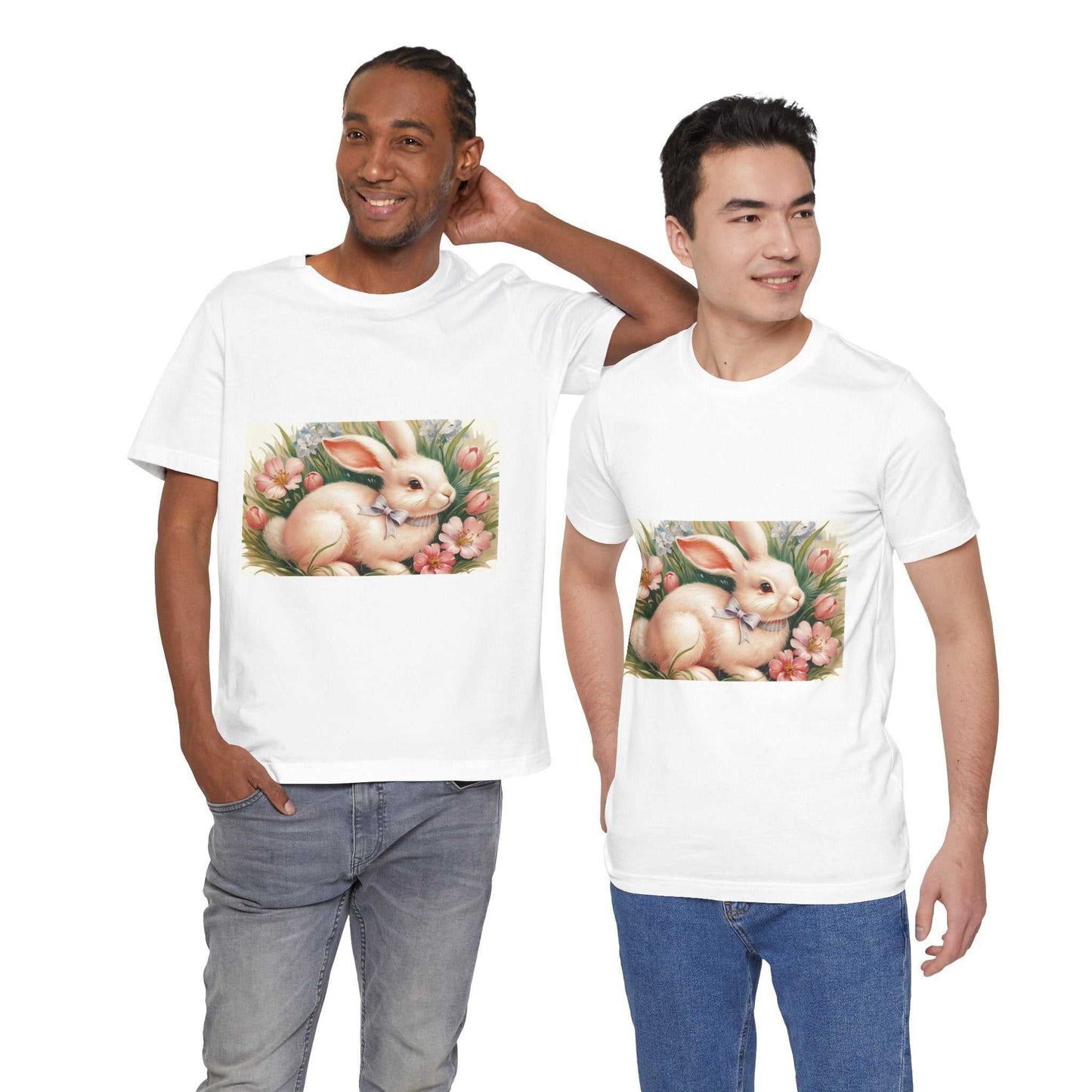 Unisex Spring Bunny Short Sleeve Tee with floral Easter design.