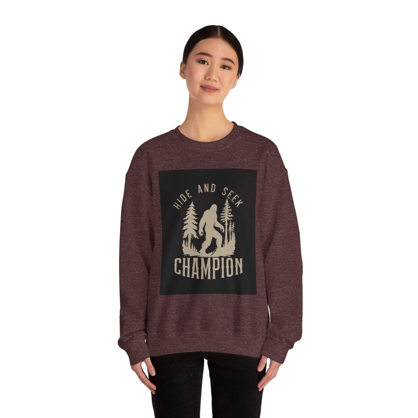 Unisex Heavy Blend™ Crewneck Sweatshirt with "Hide and Seek Champion" design, cozy cotton-polyester blend, ribbed collar.