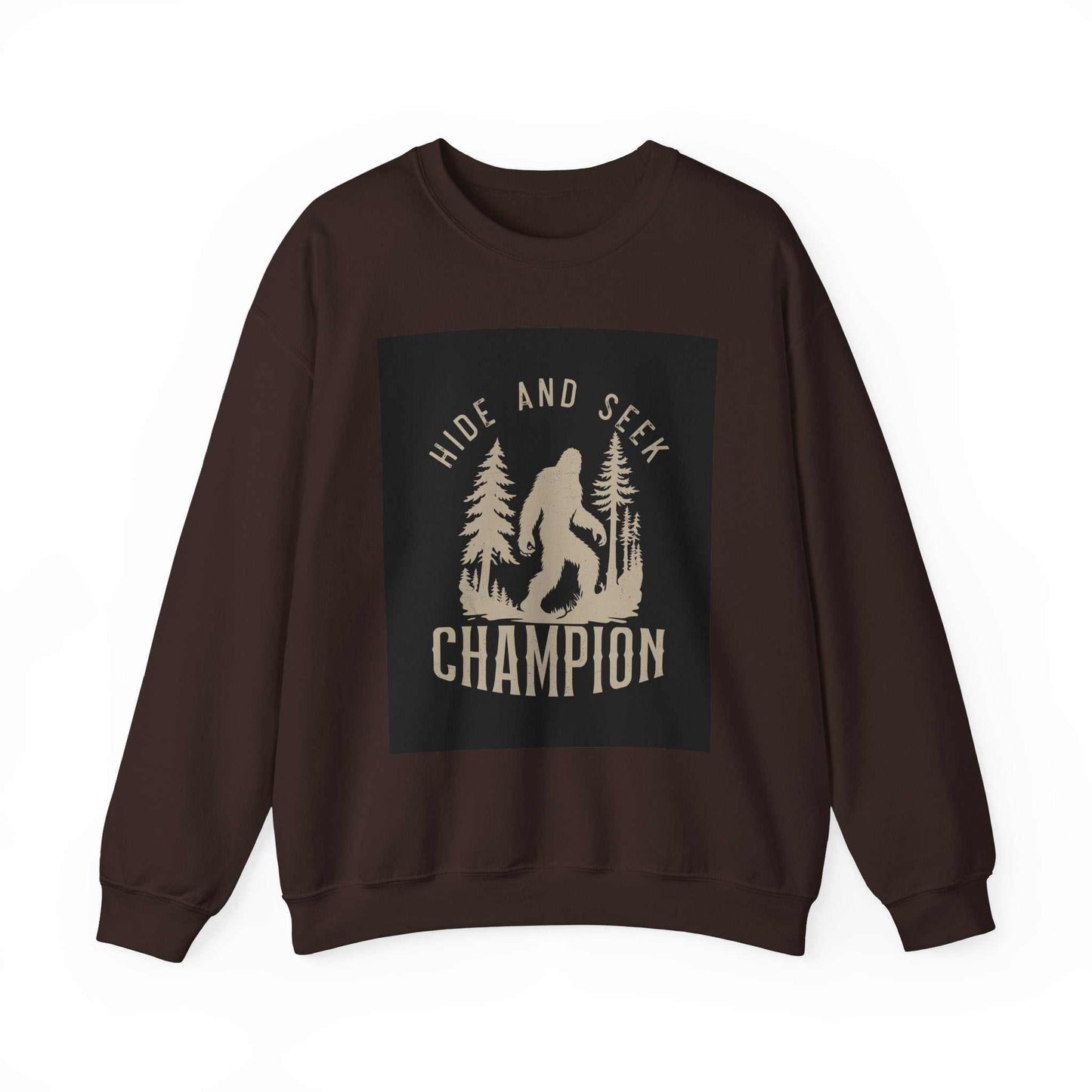 Unisex Heavy Blend™ Crewneck Sweatshirt with "Hide and Seek Champion" design, ribbed knit collar, made from 50% cotton and 50% polyester.