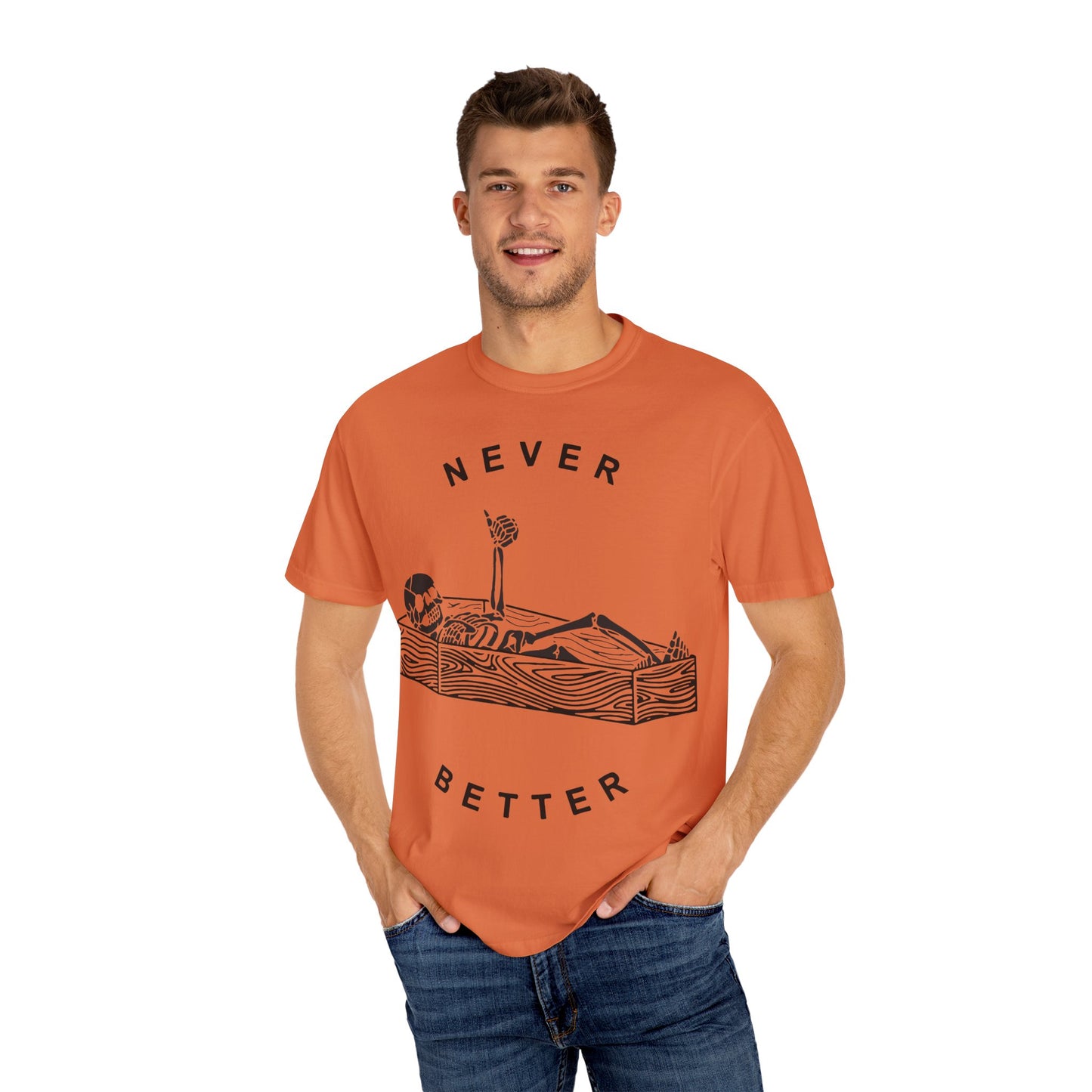 Halloween t-shirts never better skeleton giving a thumbs up in a casket