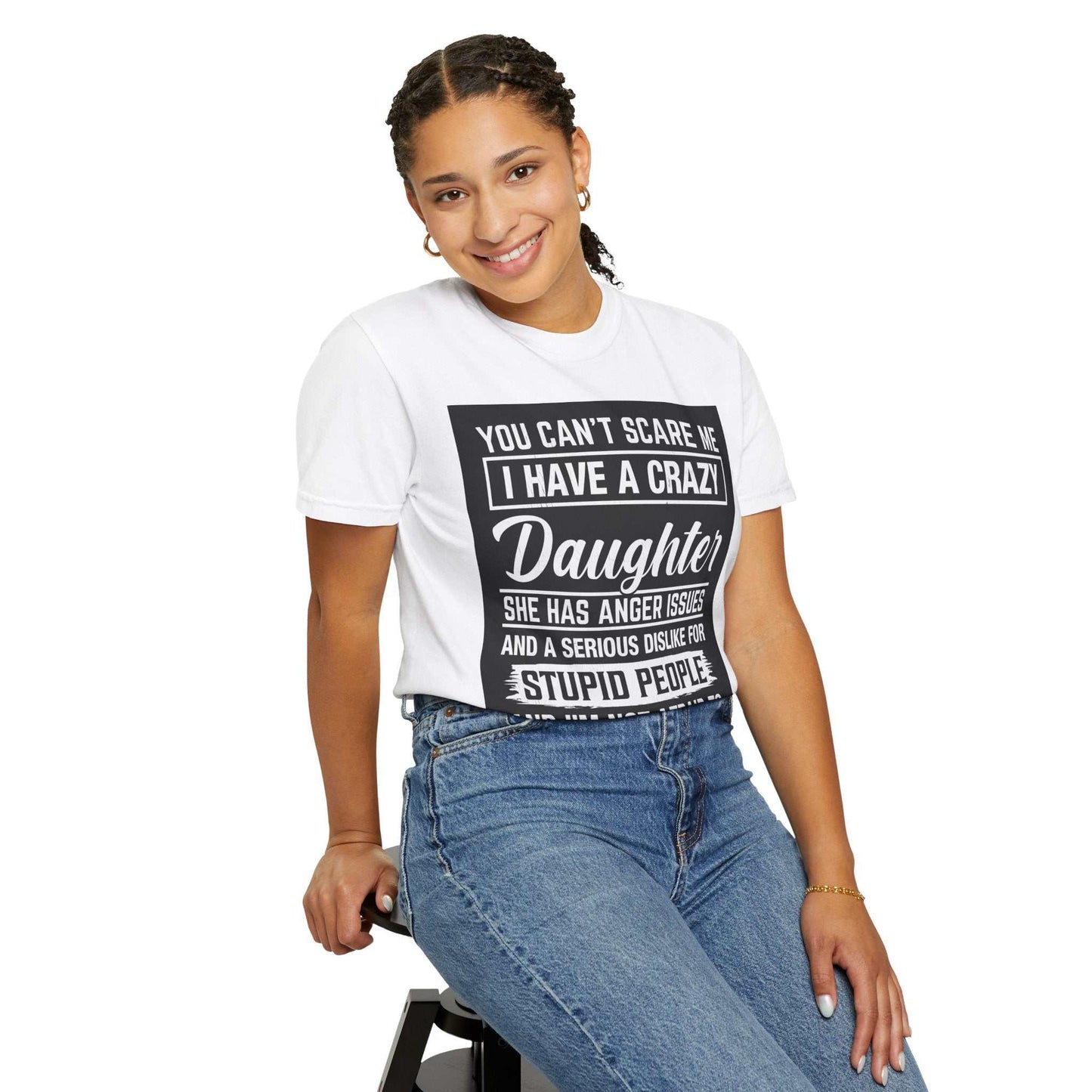 Unisex Garment-Dyed T-shirt with bold text design, worn by a smiling person; part of the Comfort Colors 1717 collection.